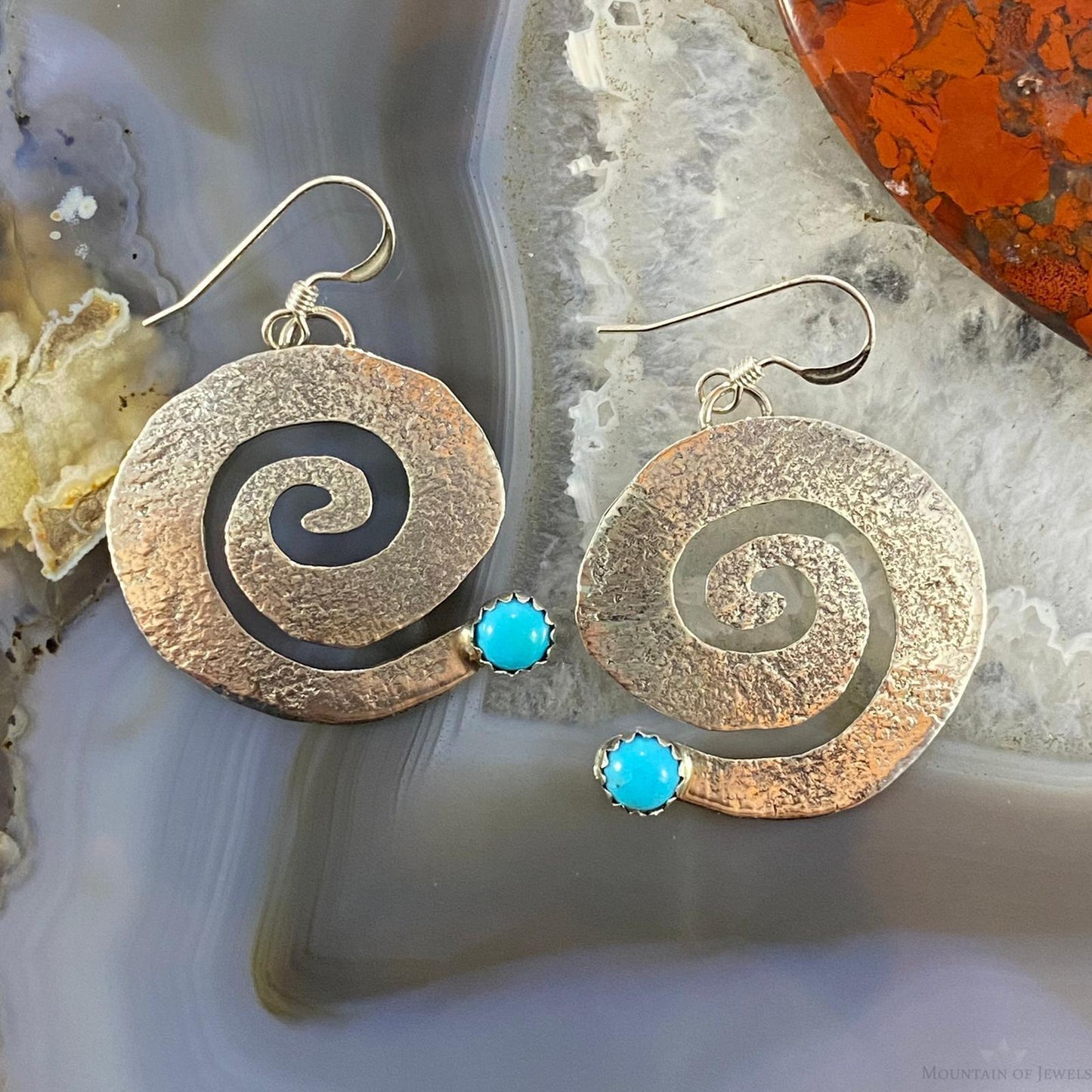 Brad Panteah Native American Sterling Turquoise Hammered Spiral Dangle Earrings