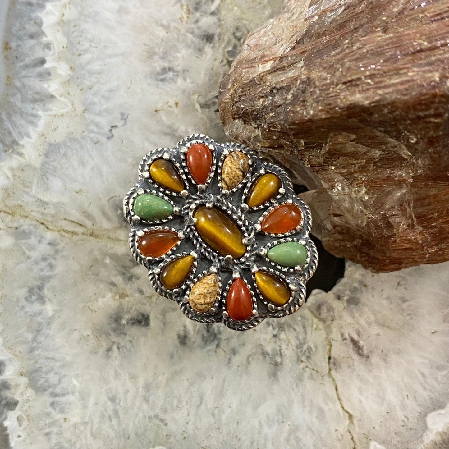 Carolyn Pollack Southwestern Style Sterling Silver Multi-gemstone Decorated Flower Cluster Ring For Women