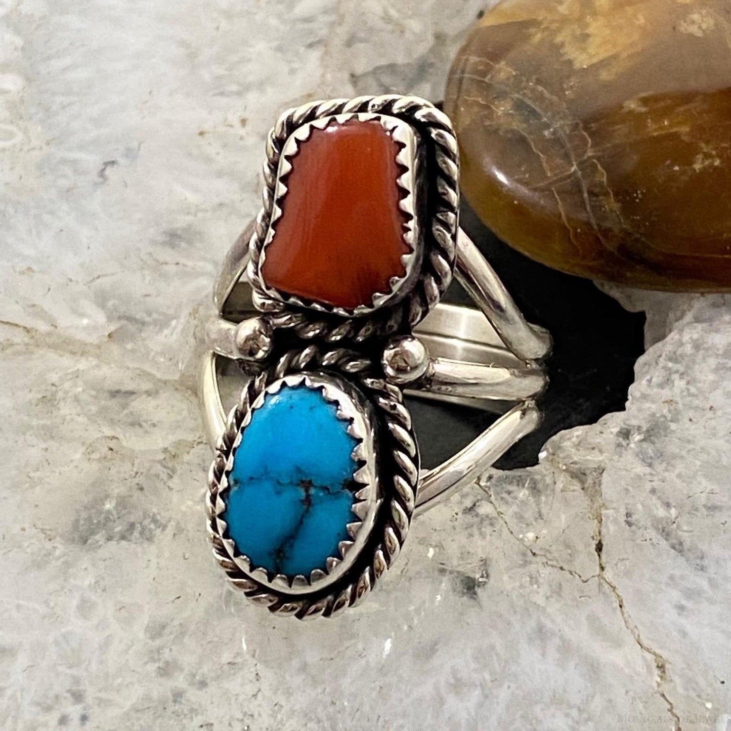Native American Sterling Silver Turquoise & Coral Ring Size 8.25 For Women