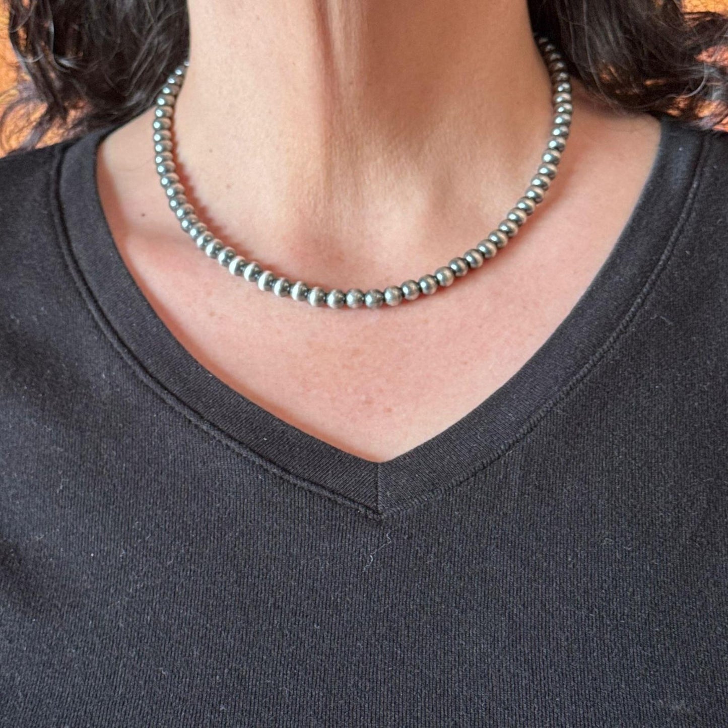 Sterling Silver Southwestern Style 6 mm Navajo Pearl Beads 20"-22" Necklace For Women