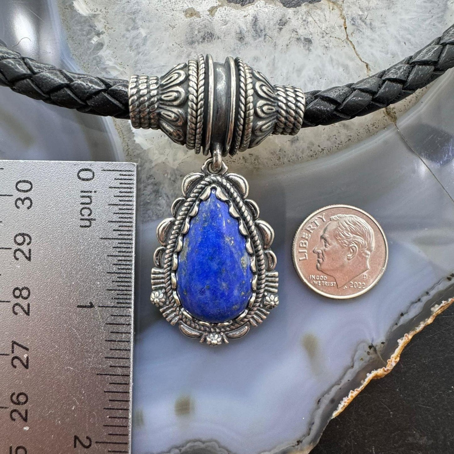 Carolyn Pollack Black Braided Leather Necklace with Teardrop Denim Lapis Pendant