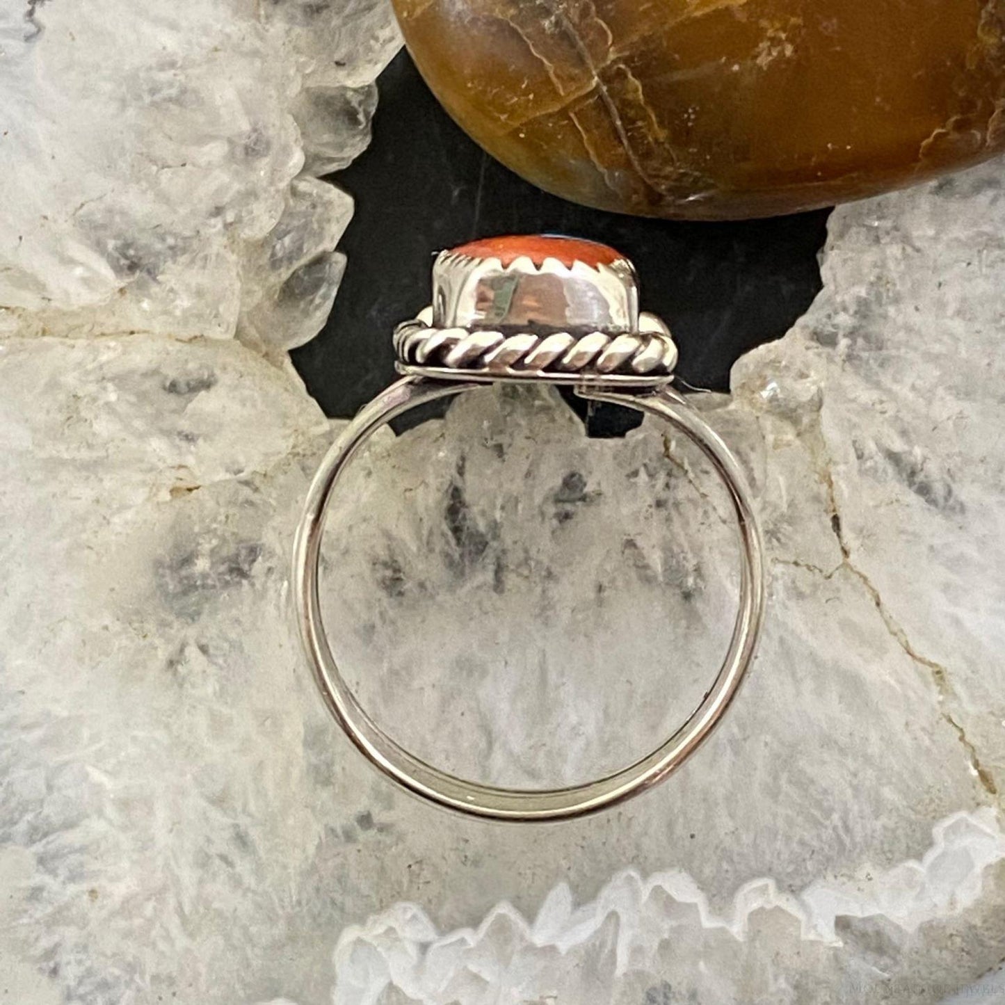 Native American Sterling Silver Turquoise & Coral Ring Size 8.25 For Women