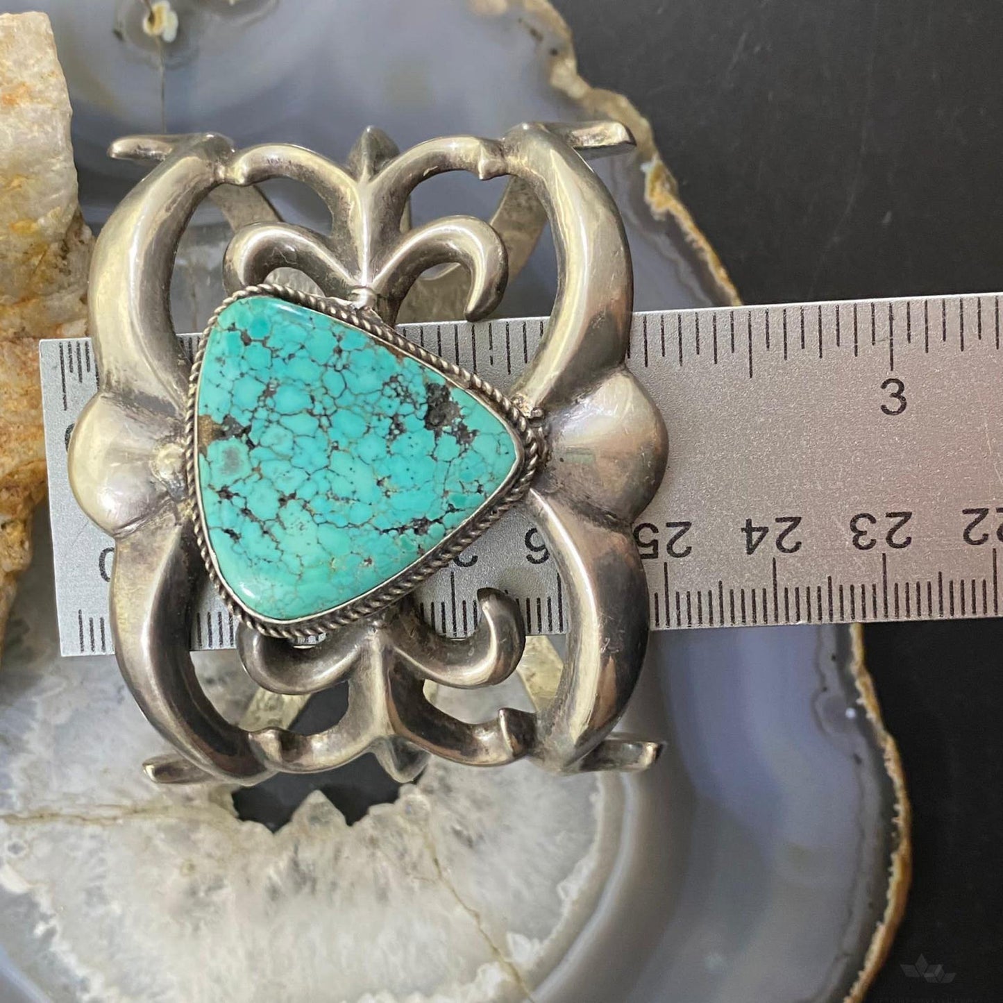 Vintage Native American Silver Sandcast Turquoise Wide Bracelet For Women