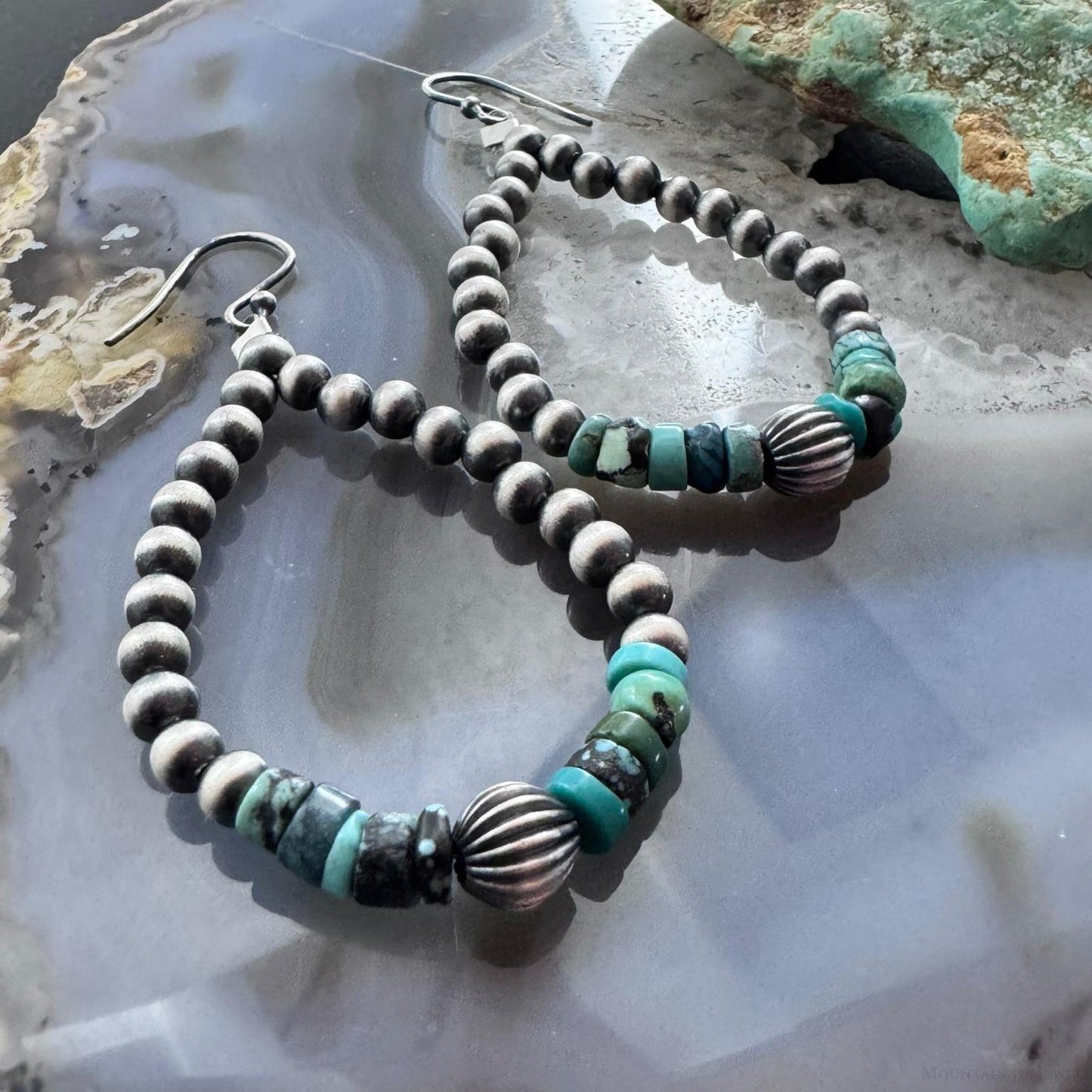 Sterling Silver Southwestern Style Navajo Pearl & Turquoise Bead Hoop Earrings For Women
