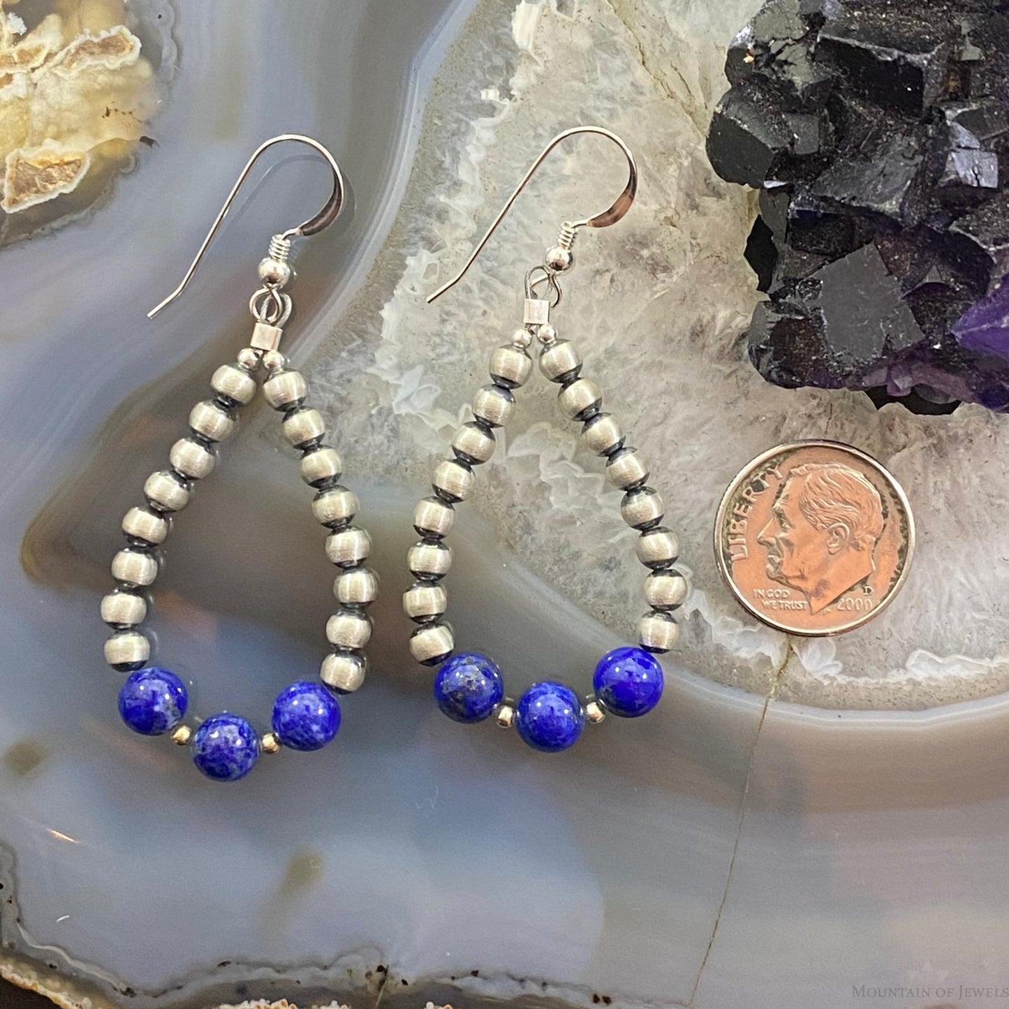 Navajo Pearl Bead & Lapis Bead Dangle Hoop Earrings For Women