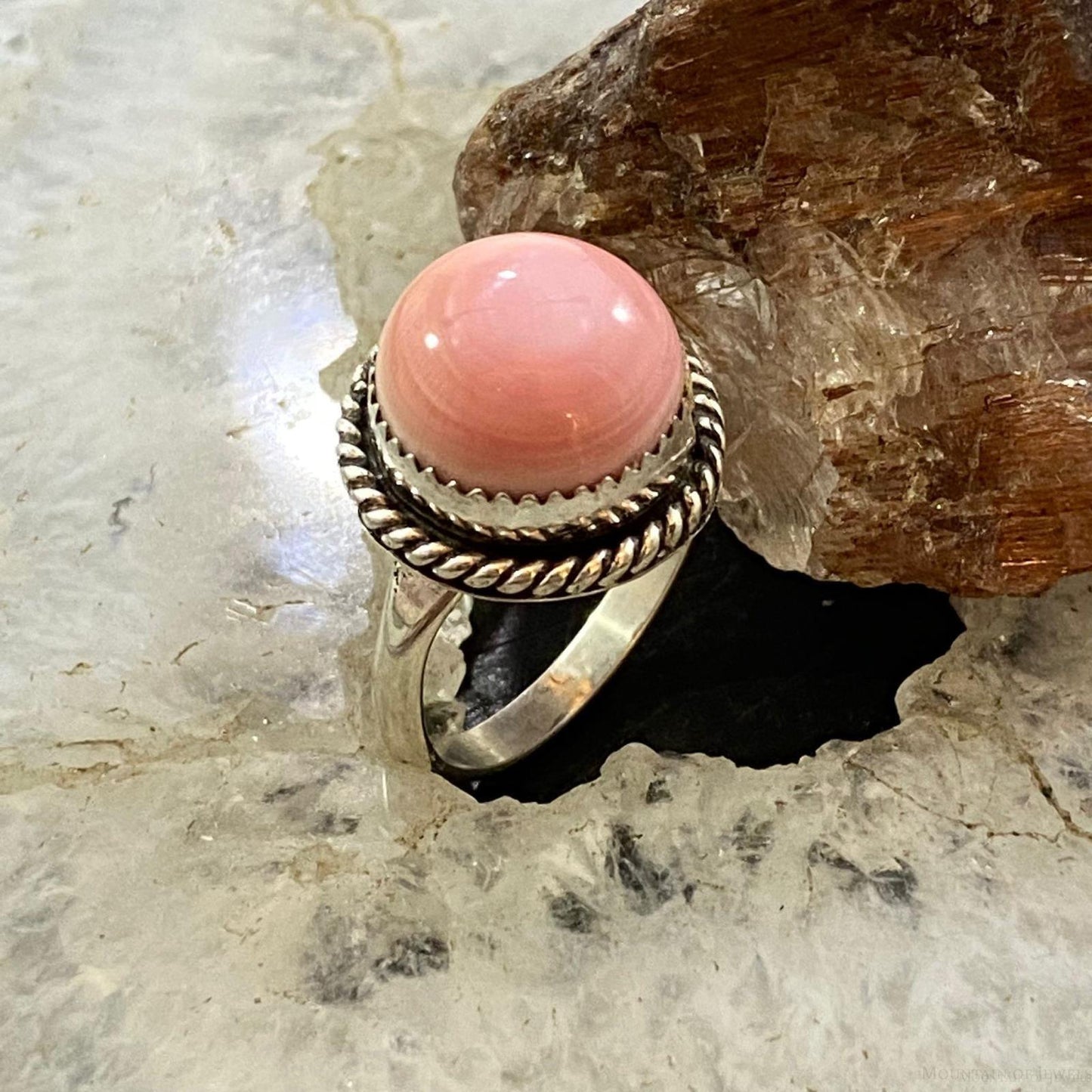 Native American Sterling Silver Rounded Pink Conch Ring Size 7.5 & 8 For Women