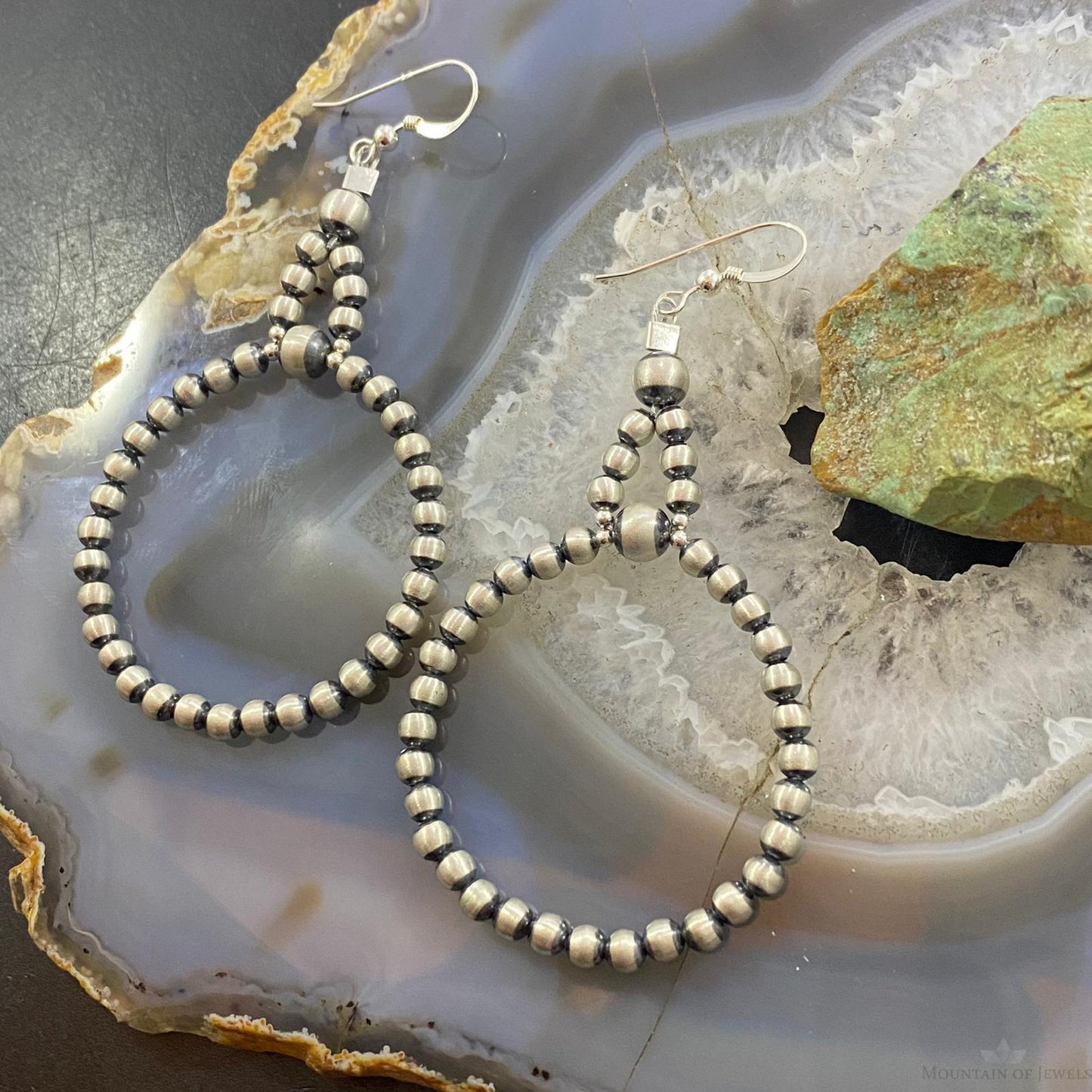 Navajo Pearl Bead 4 mm Sterling Silver Hoop Dangle Earrings For Women