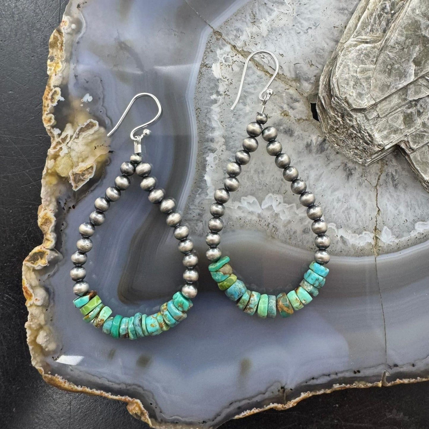 Sterling Silver 4mm Navajo Pearl Southwester Style & 6mm Turquoise Bead Hoop Earrings For Women