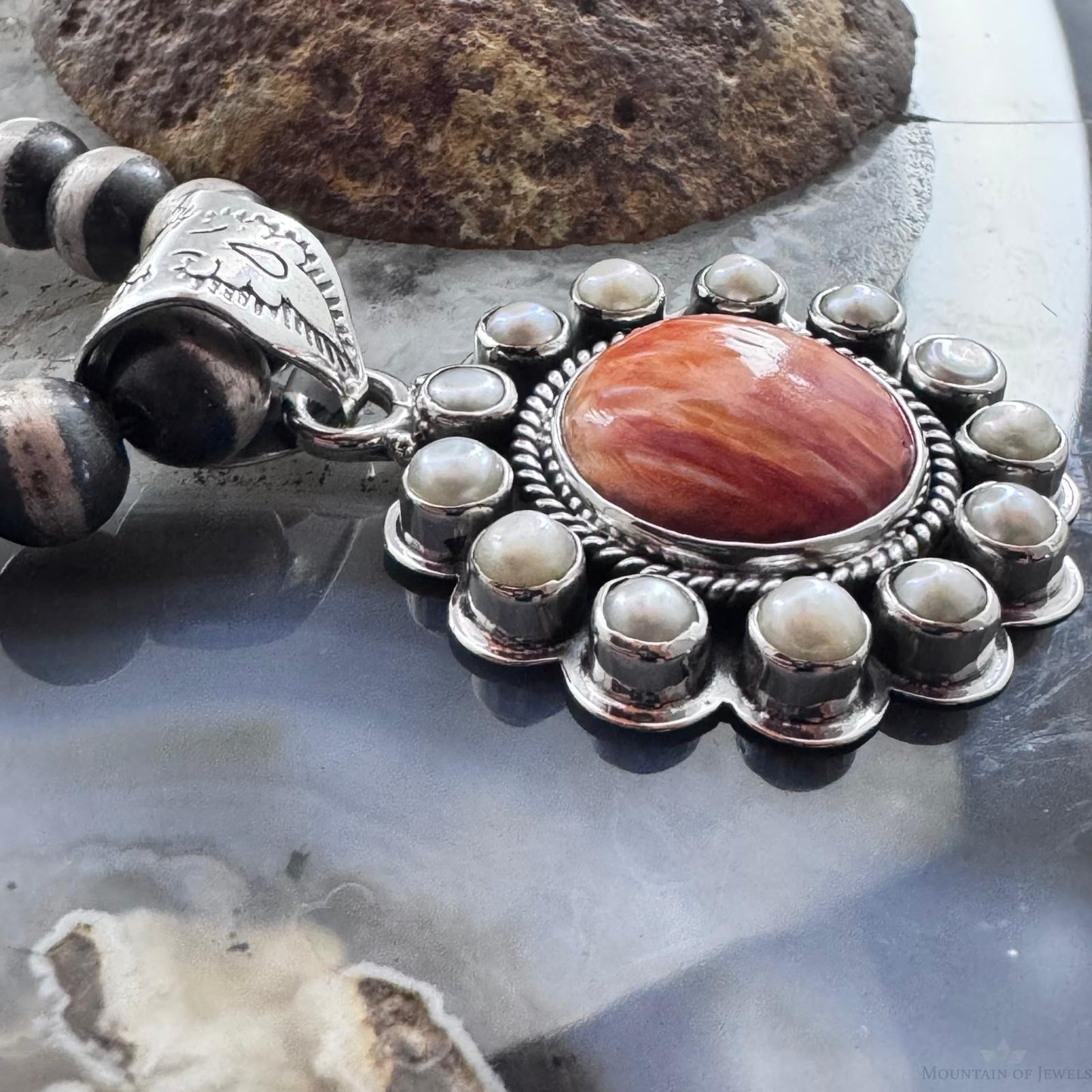 Native American Sterling Silver Spiny Oyster w/Pearls Cluster Pendant For Women