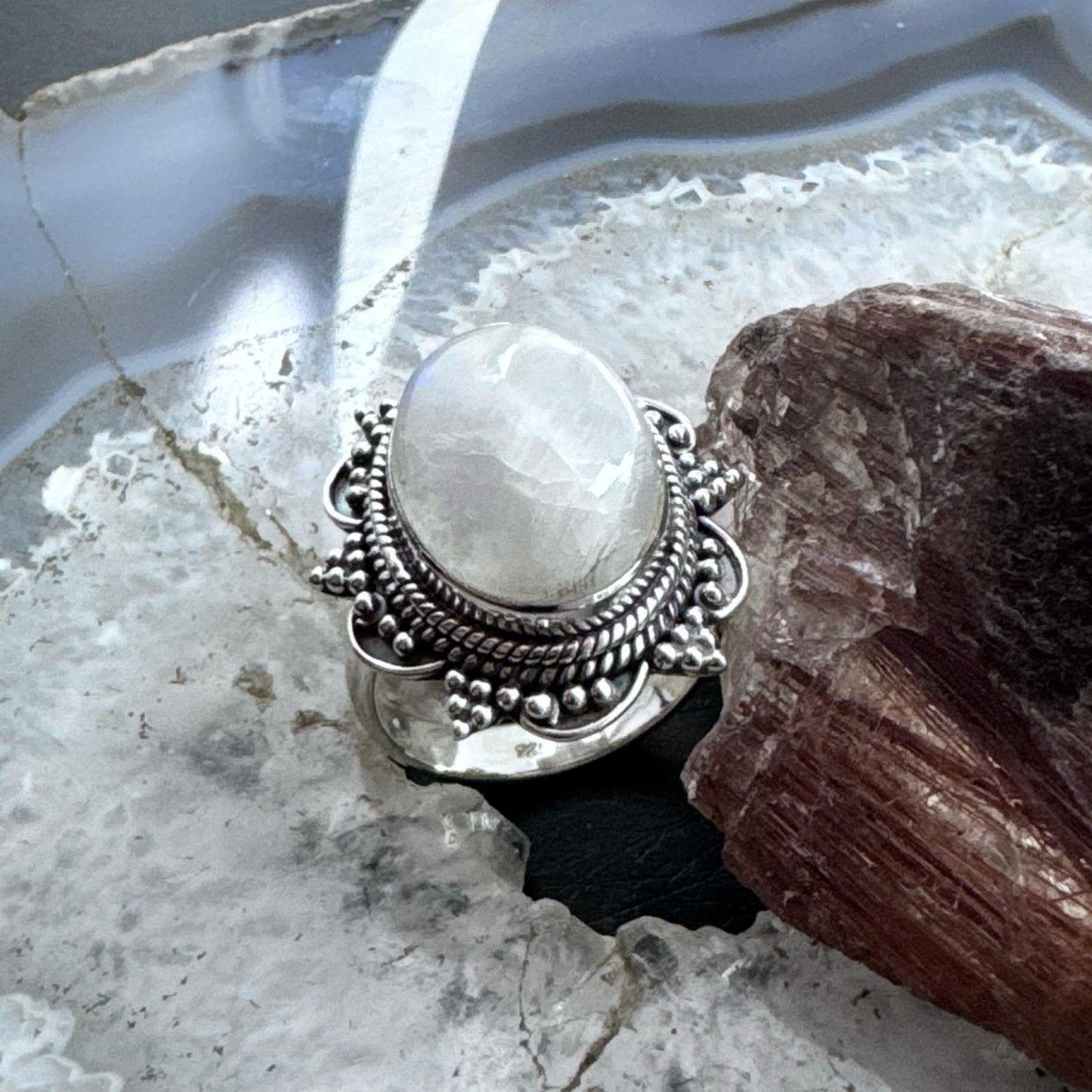 Sterling Silver Southwestern Style Oval Moonstone Decorated Ring Size 9 For Women