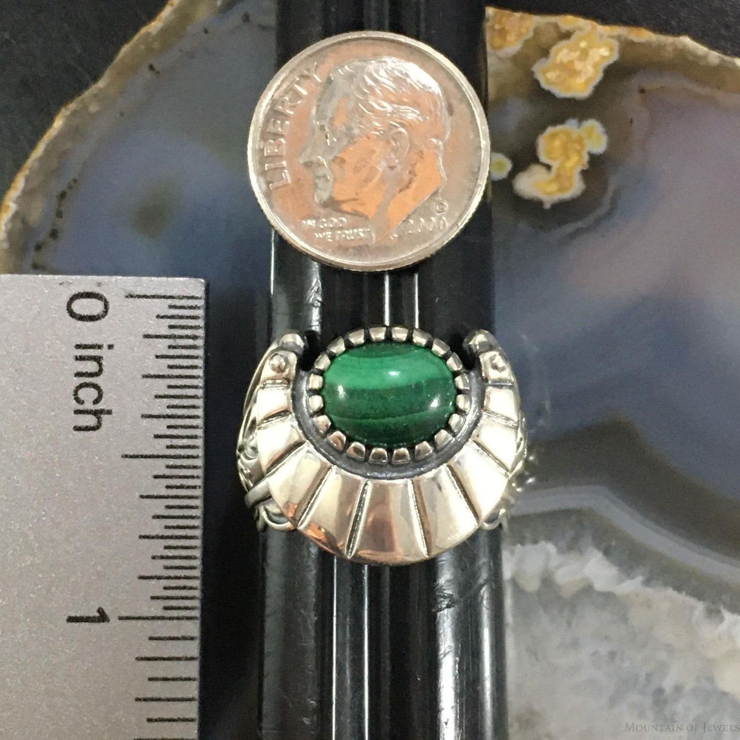 Carolyn Pollack Southwestern Style Sterling Silver Oval Malachite Decorated Ring For Women