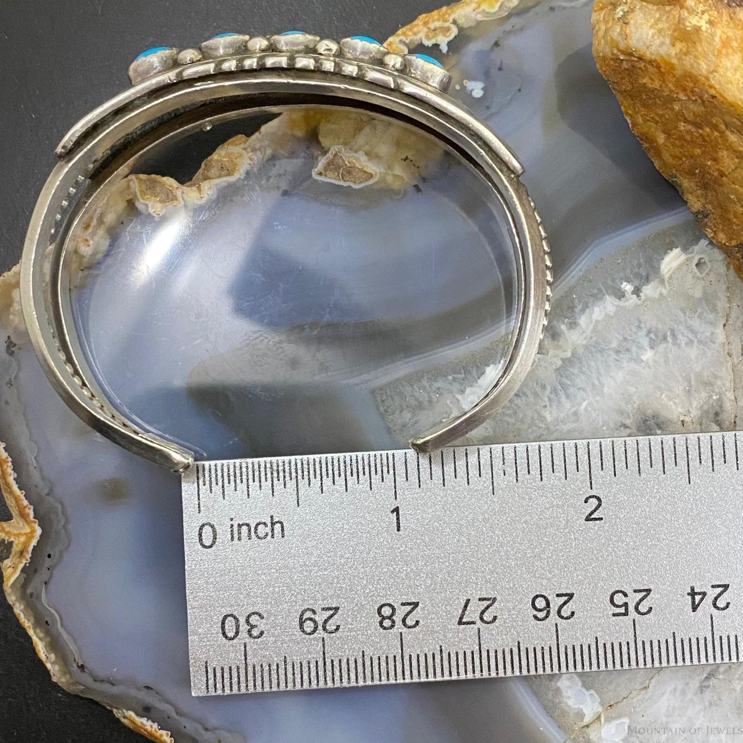 Vintage Native American Silver Turquoise Row Stamped Overlay Cuff For Women