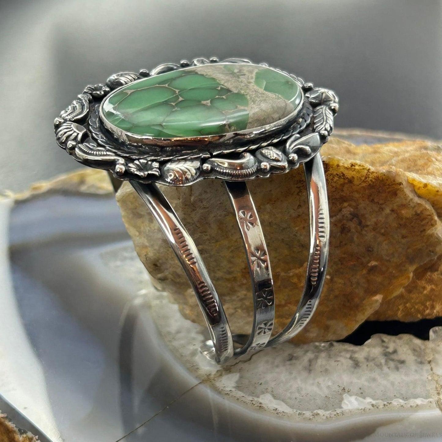 Sterling Silver Southwestern Style Large Oval Variscite Decorated Bracelet For Women #1