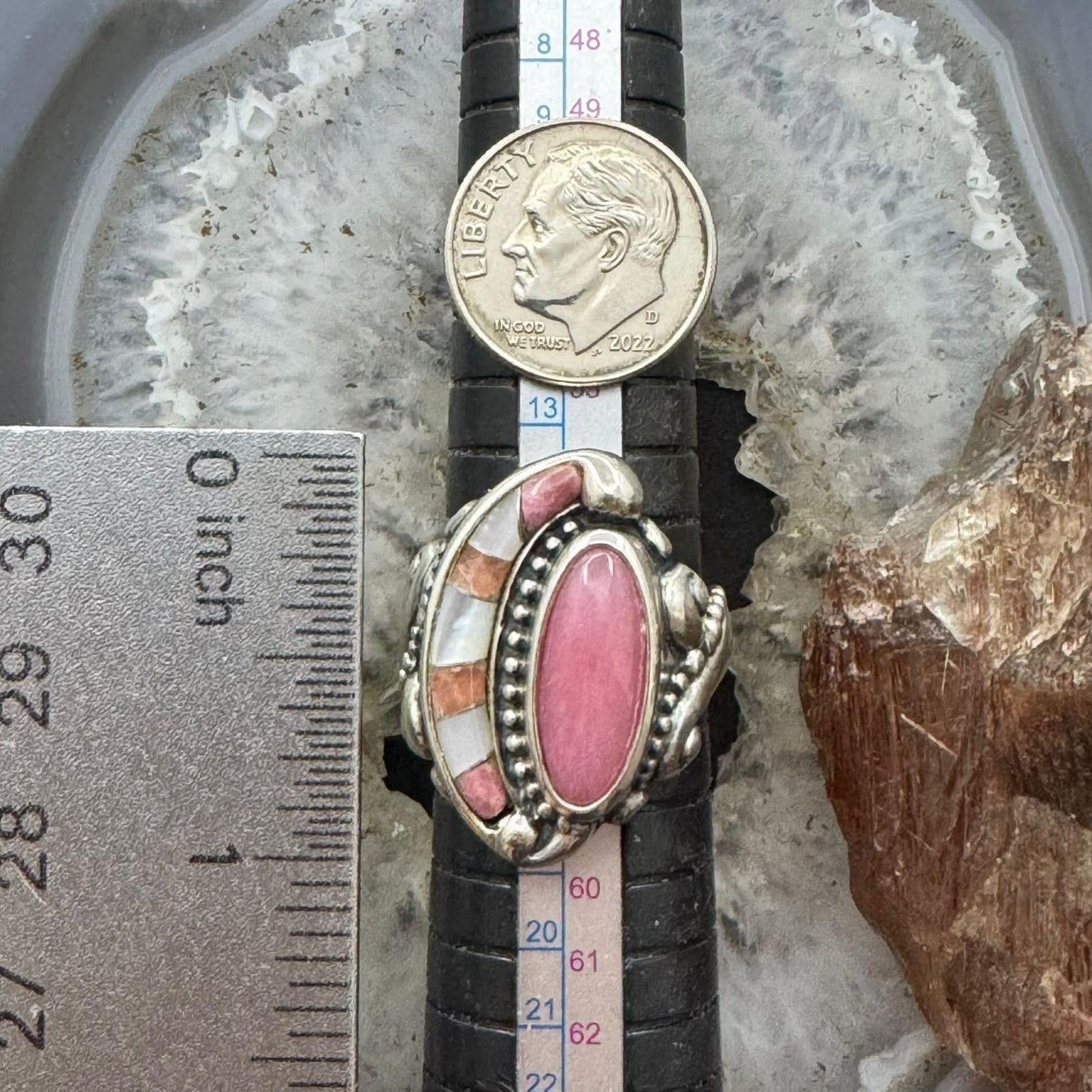Carolyn Pollack Southwestern Style Sterling Silver Inlay Rhodonite & MOP Ring For Women