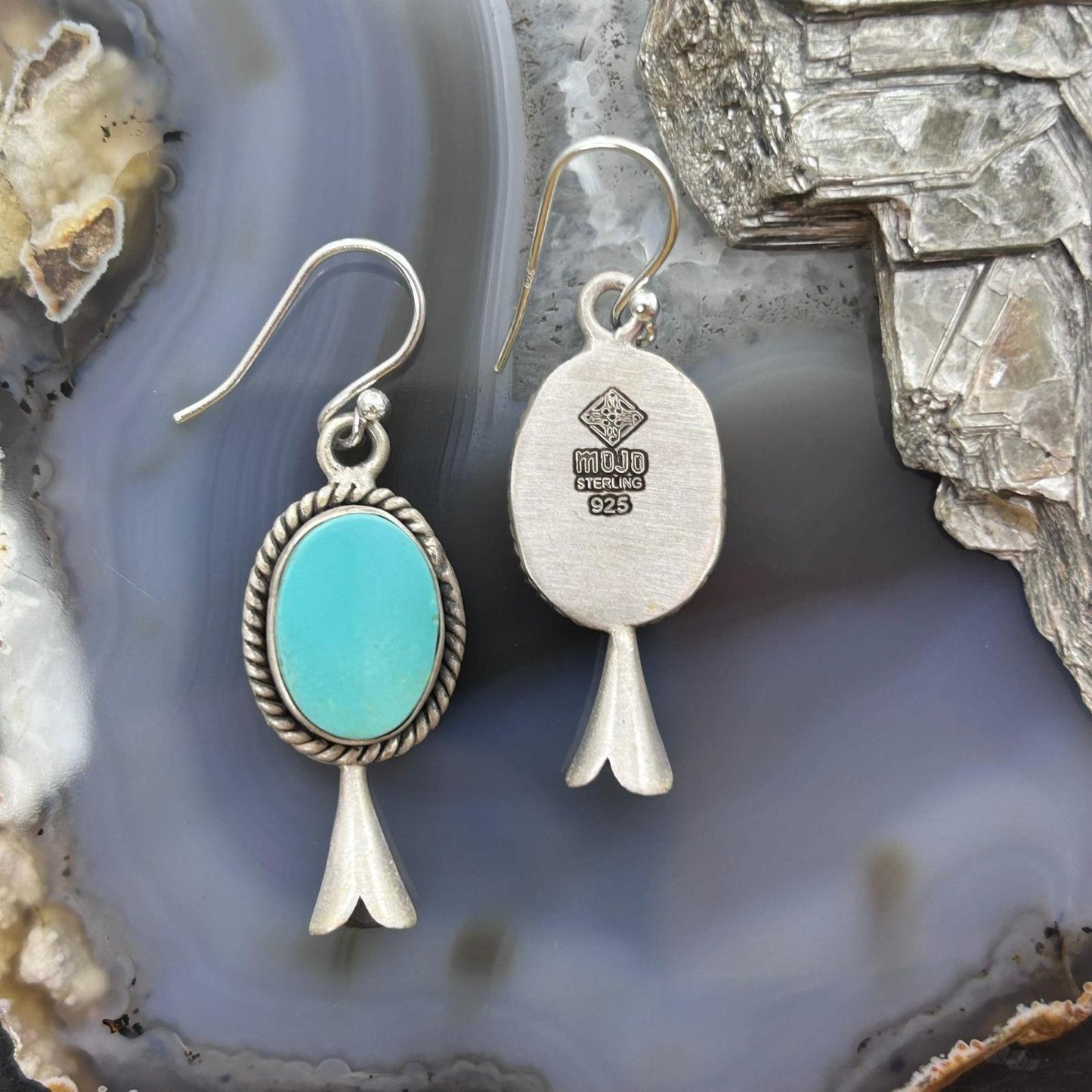 Sterling Silver Southwestern Style Turquoise Squash Blossom Dangle Earrings For Women #1