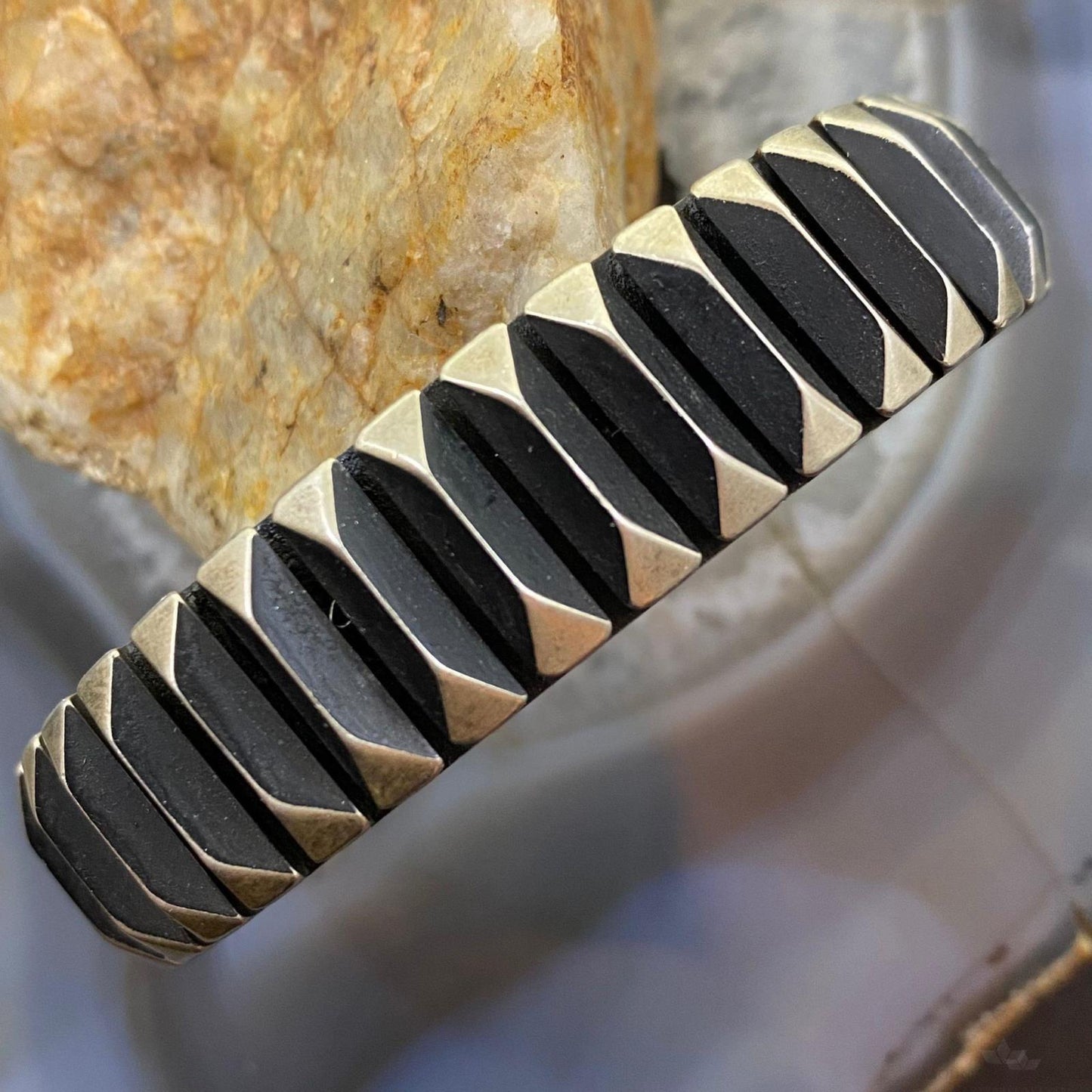 Leander Tahe Native American Sterling Heavy Geometric Bracelet For Men