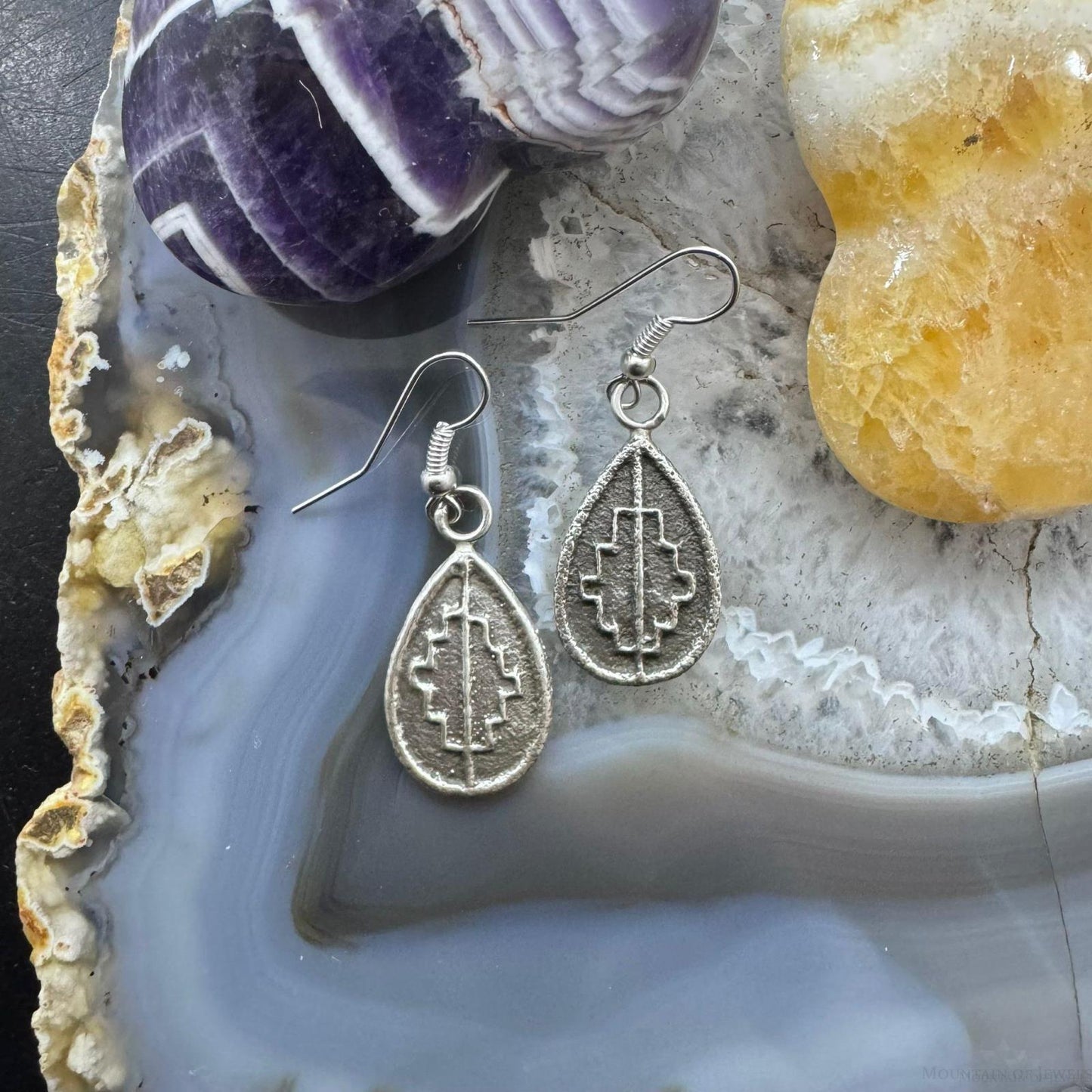 Joel Pajarito Sterling Silver Teardrop Tufa Cast Rug Design Dangle Earrings For Women