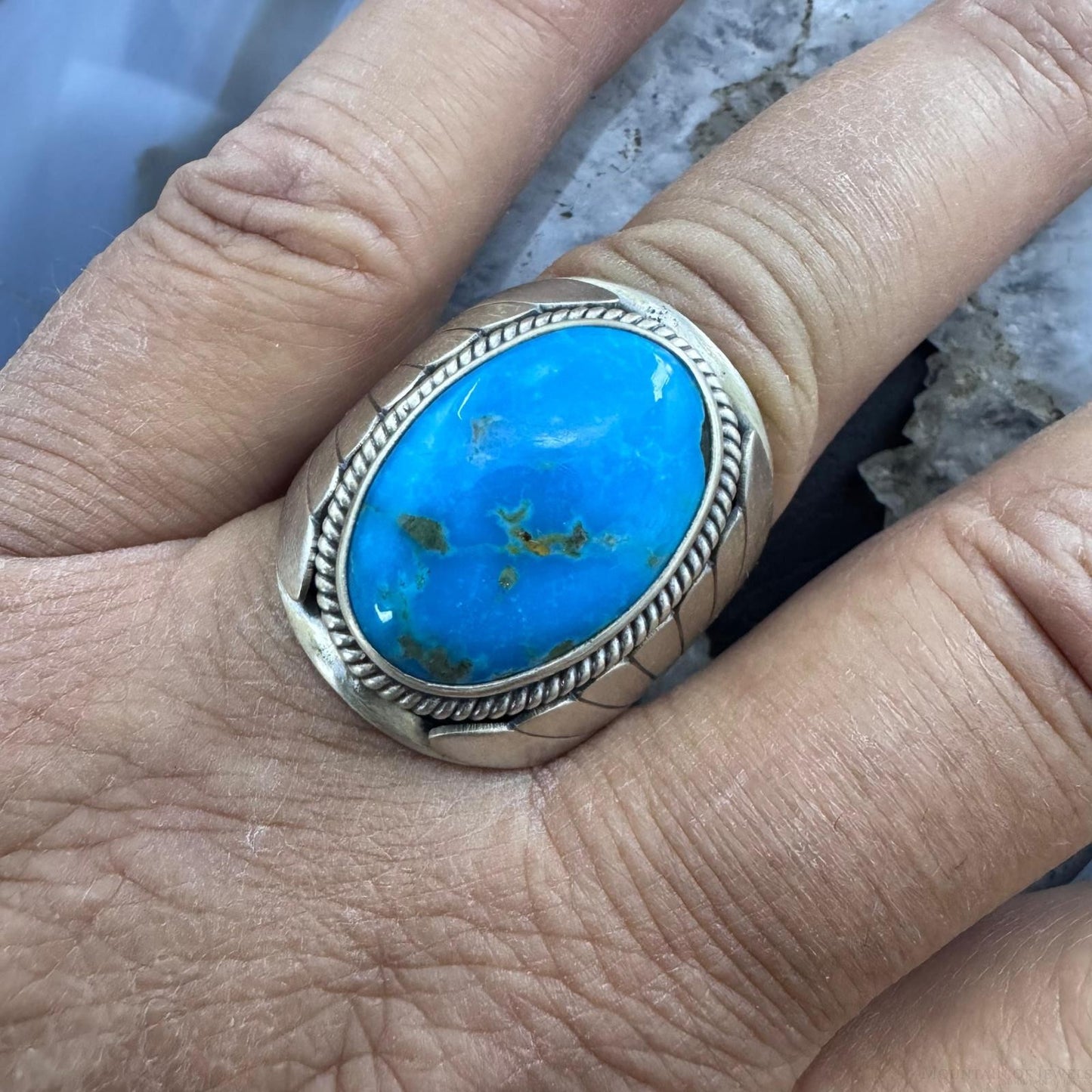 Native American Sterling Silver Oval Blue Ridge Turquoise Shield Ring Size 11 For Men