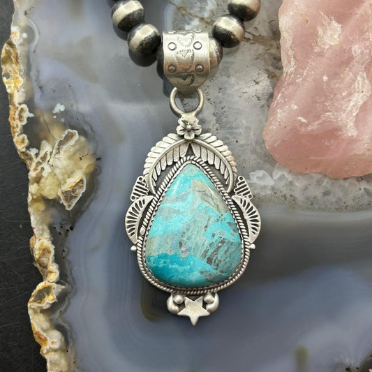 Sterling Silver Southwestern Style Teardrop Turquoise Decorated Pendant For Women
