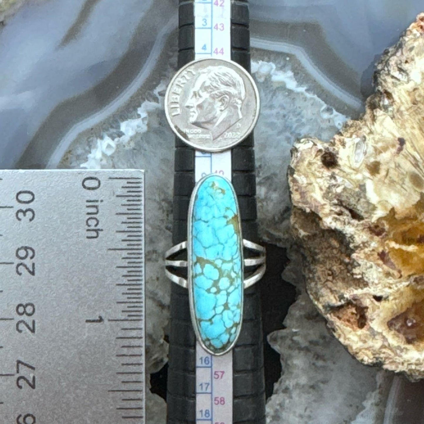 Native American Sterling Silver Elongated Turquoise Ring Size 6.25 For Women