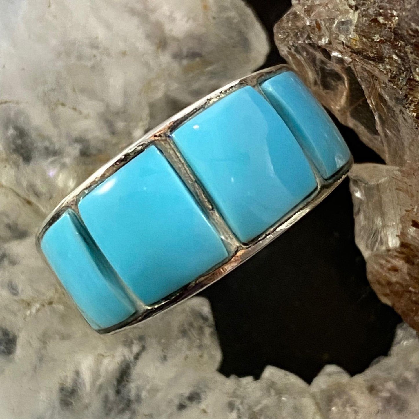 Native American Sterling Silver Blue Ridge Turquoise Graduated Band Ring Sz 8.5