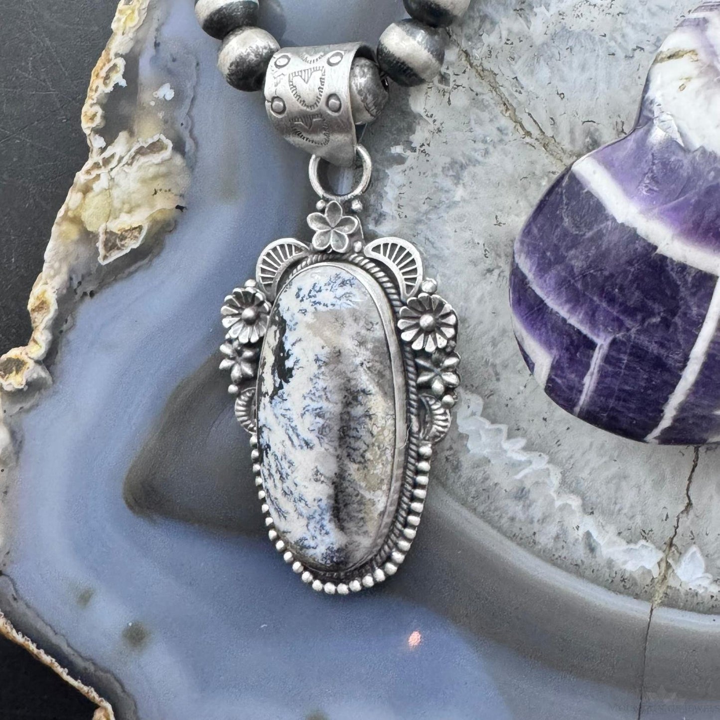 Sterling Silver Southwestern Style Elongated Oval Dendritic Agate Decorated Pendant For Women