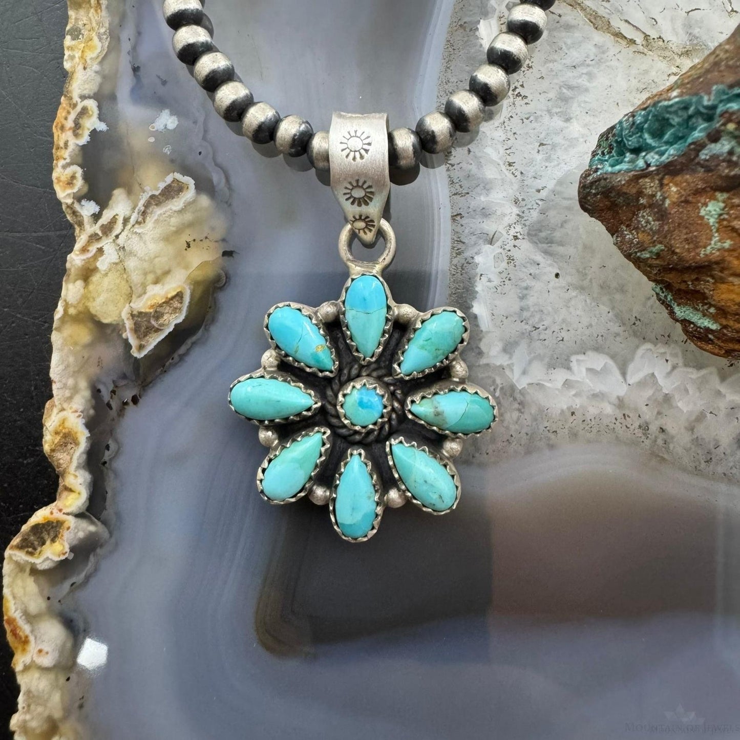 Sterling Silver Southwestern Style Turquoise Decorated Cluster Pendant For Women