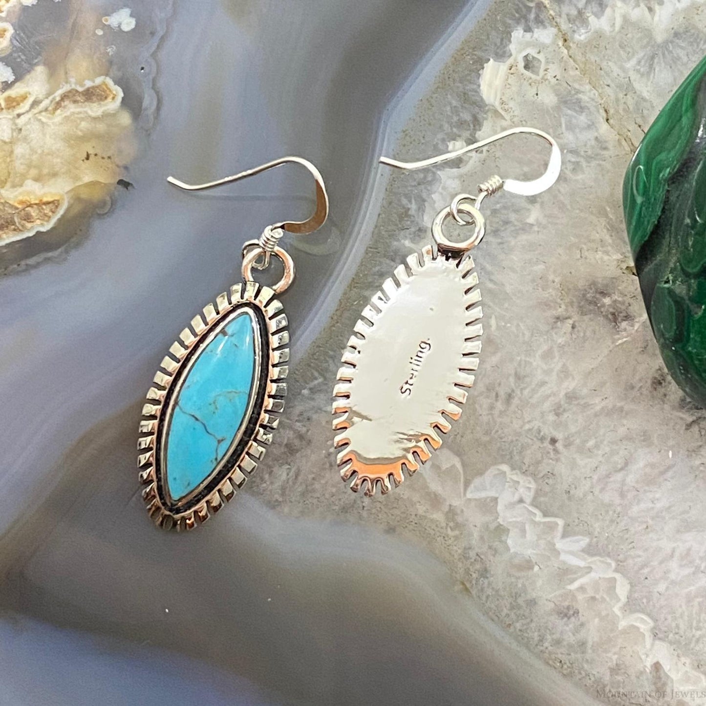 Native American Sterling Silver Marquise Turquoise Dangle Earrings For Women