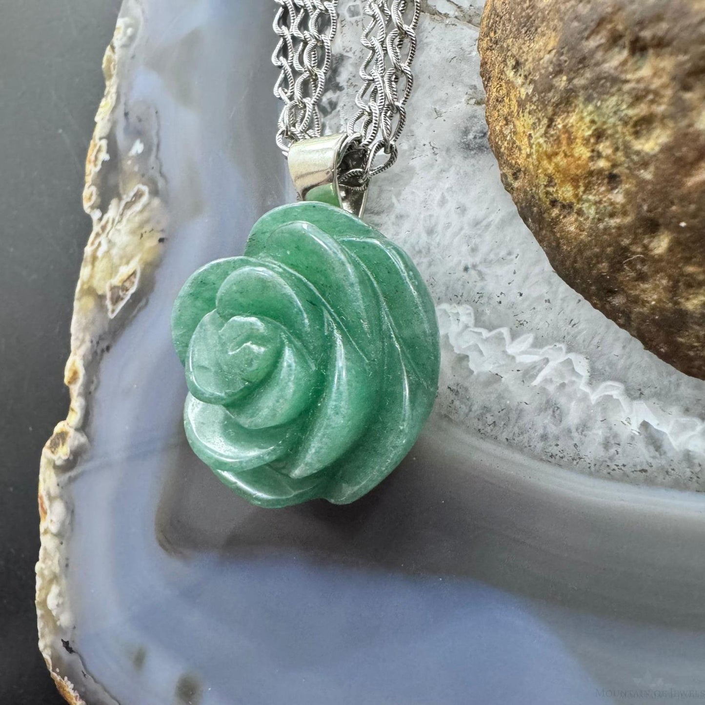 Carolyn Pollack Sterling Carved Green Aventurine Rose Pendant W/Chain Necklace For Women