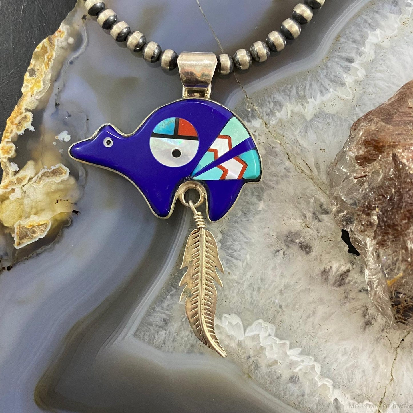 Native American Sterling Multistone Zuni Inlay Fetish Bear w/Feather Pendant