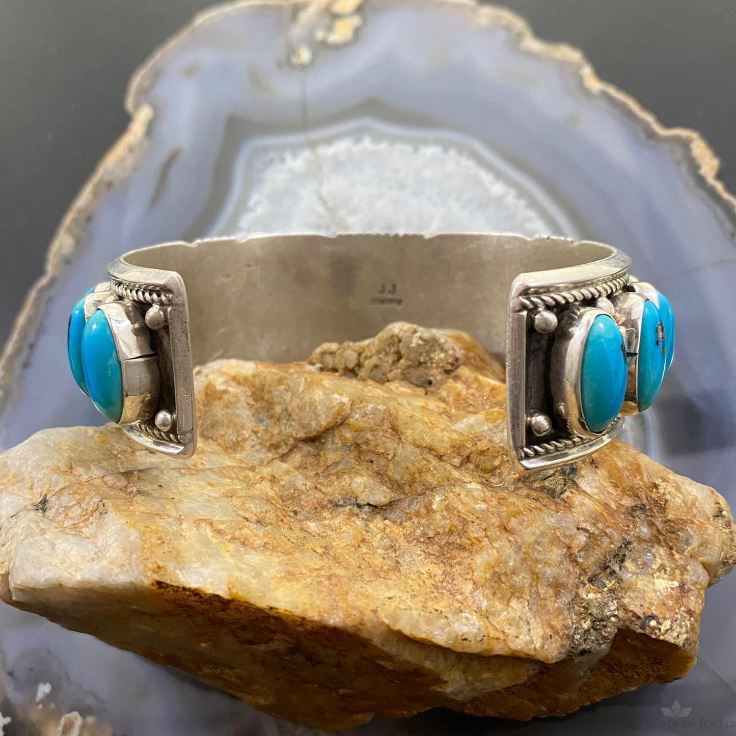 Vintage Native American Sterling Silver Oval Turquoise Row Bracelet For Men
