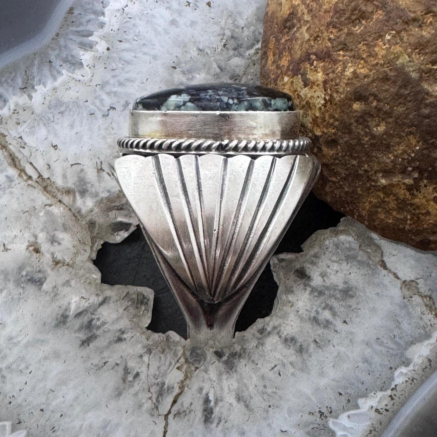 Native American Sterling Oval Black Jack Shield Ring Size 11 For Men