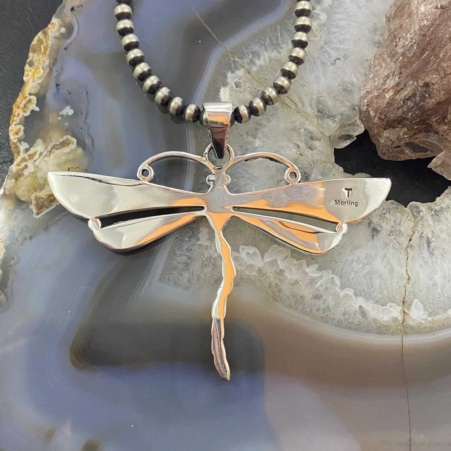 Native American Sterling Silver White Buffalo Inlay Dragonfly Pendant For Women