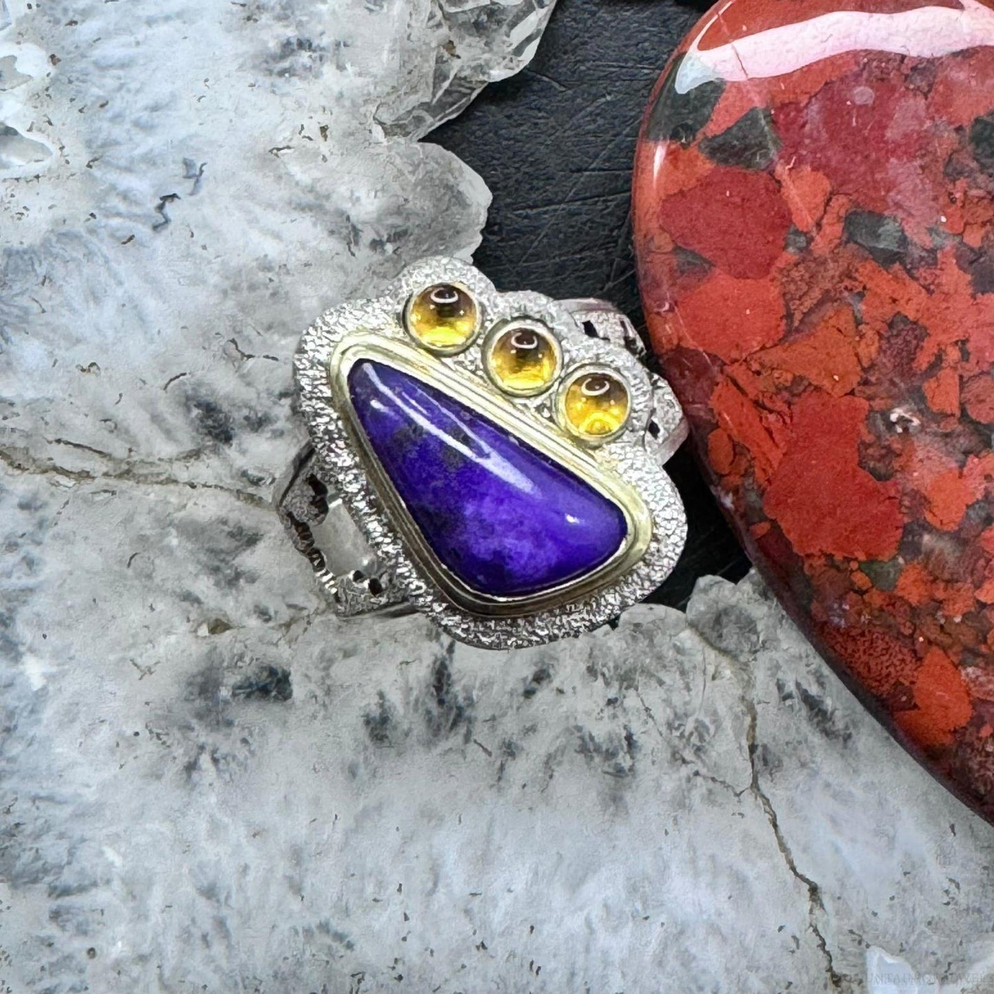 Carolyn Pollack Sterling Silver & 14K Gold Triangle Sugilite & 3 Citrine Ring For Women