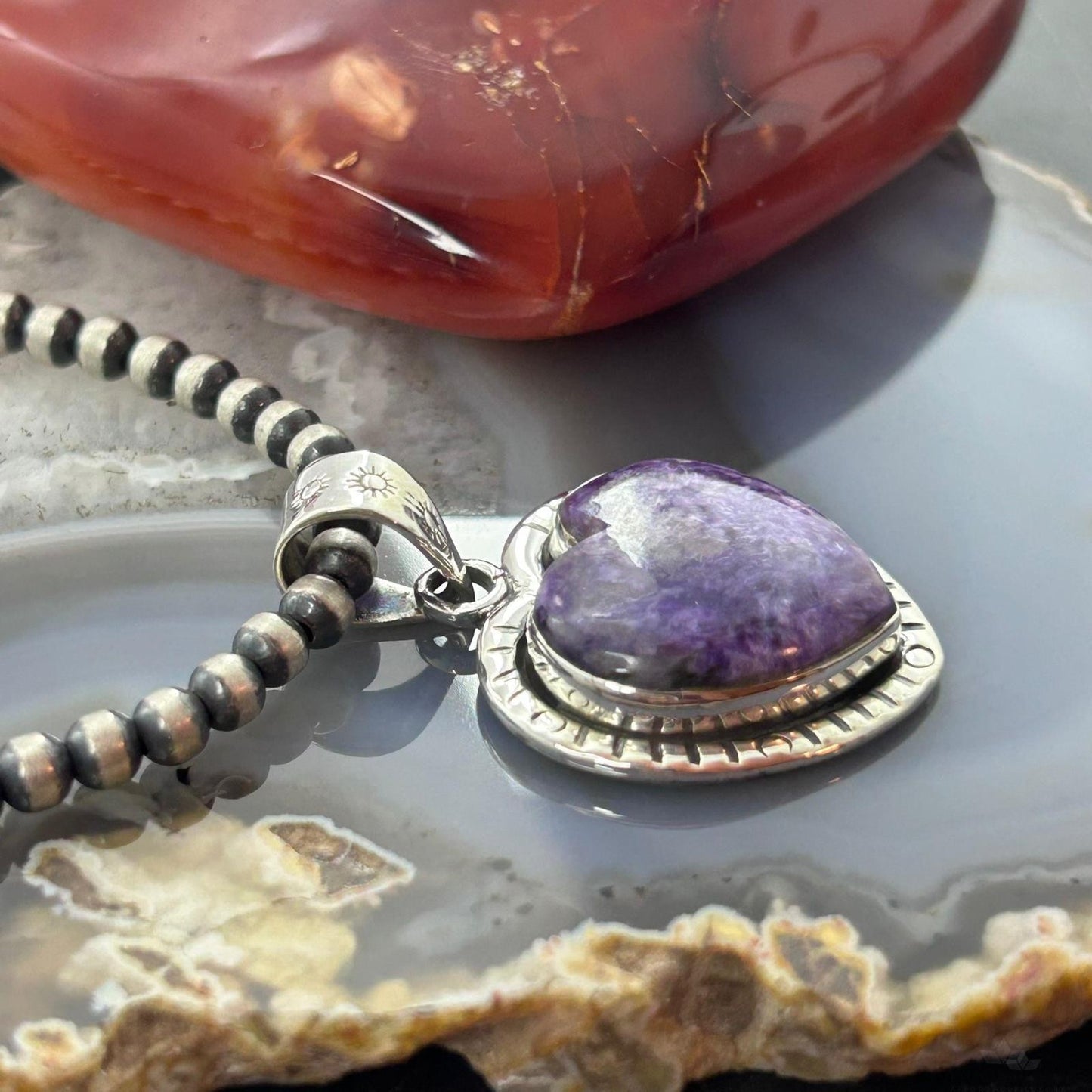 Sterling Silver Southwestern Style Charoite Decorated Heart Pendant For Women