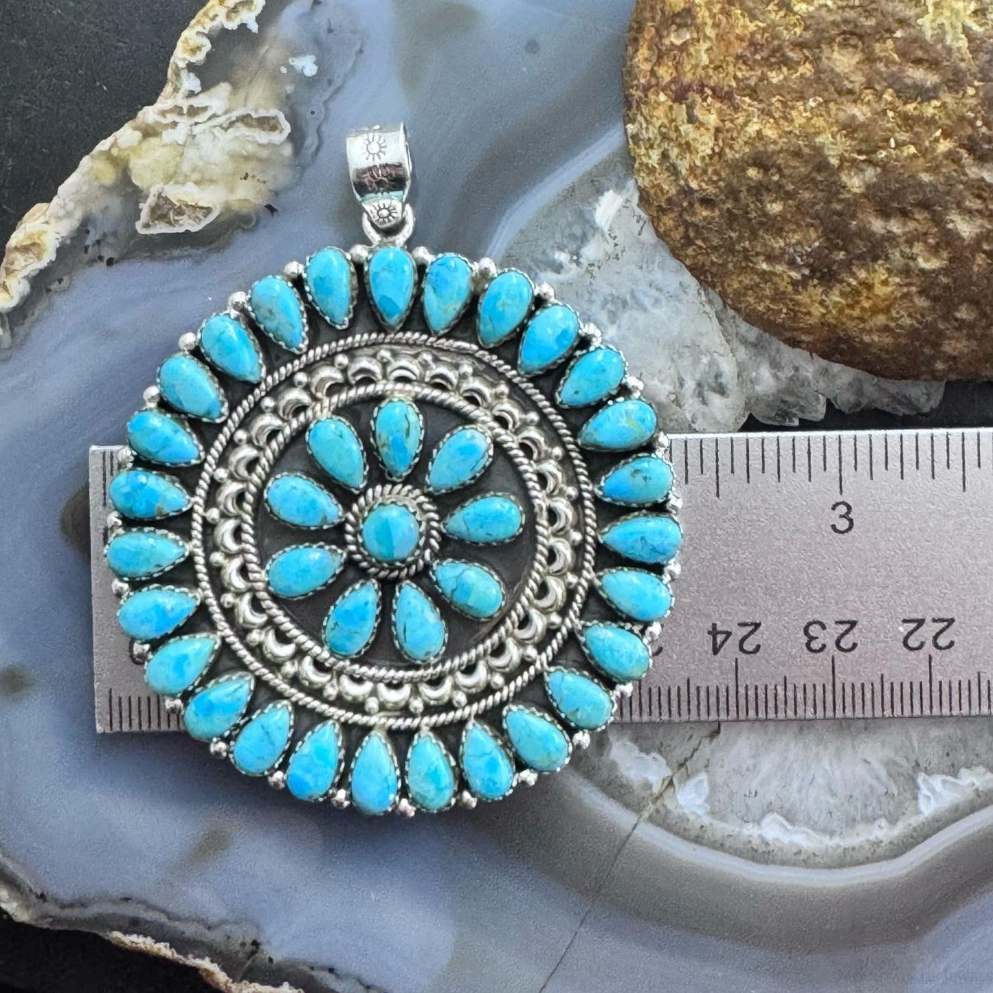 Sterling Silver Southwestern Style Turquoise Decorated Round Cluster Pendant For Women