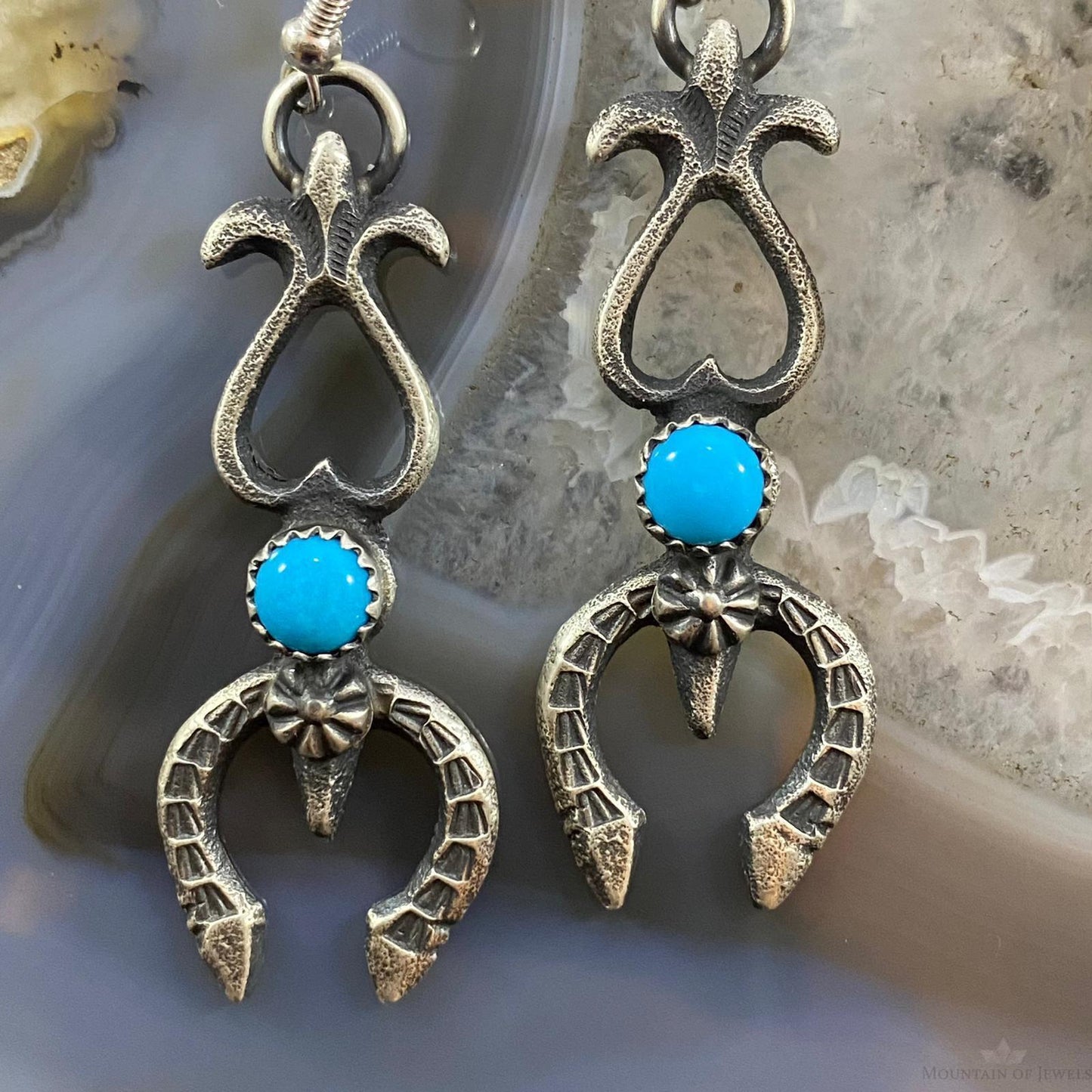 Kevin Billah Native American Sterling Silver Sandcast Turquoise Naja Dangle Earrings #4