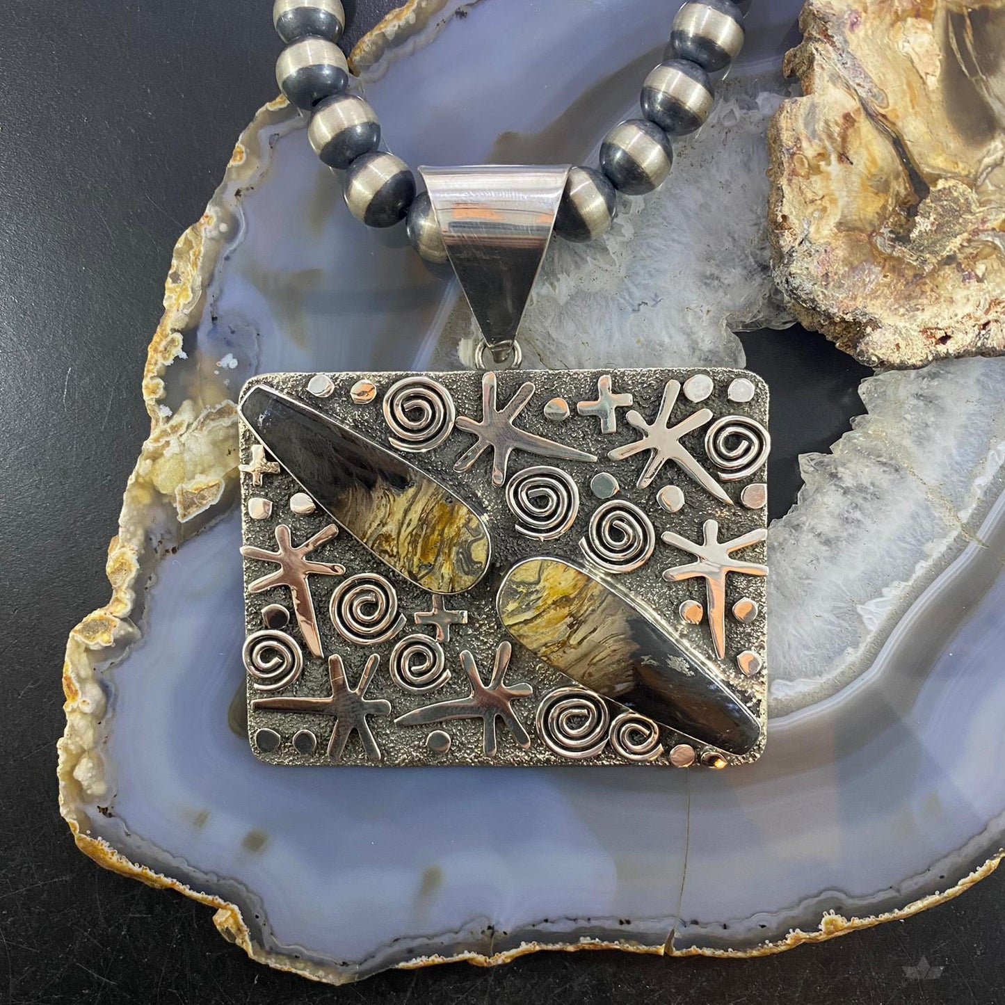 Alex Sanchez Native American Sterling Silver Teardrop Plum Root Jasper Rectangle Petroglyph Pendant