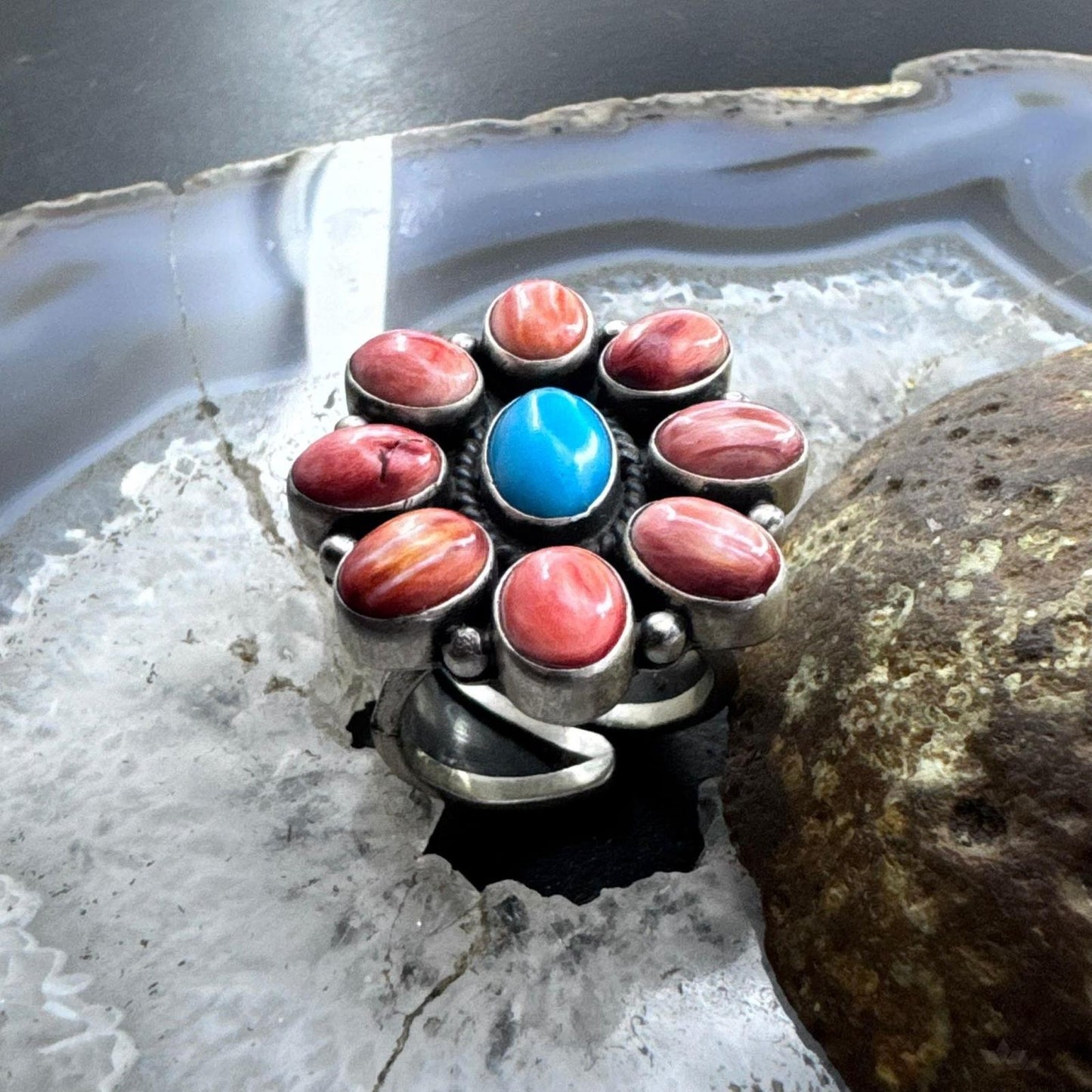 Native American Sterling Silver Turquoise &Spiny Oyster Adjustable Cluster Ring For Women