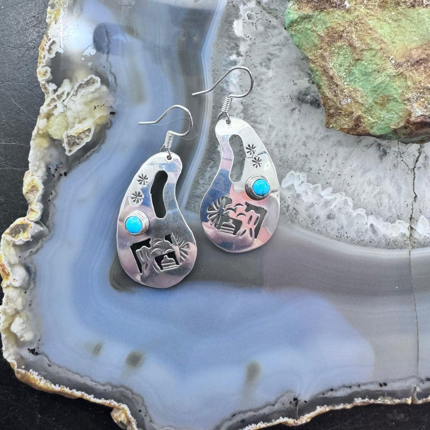 Native American Sterling Silver Cutout SW Motifs w/Turquoise Dangle Earrings For Women