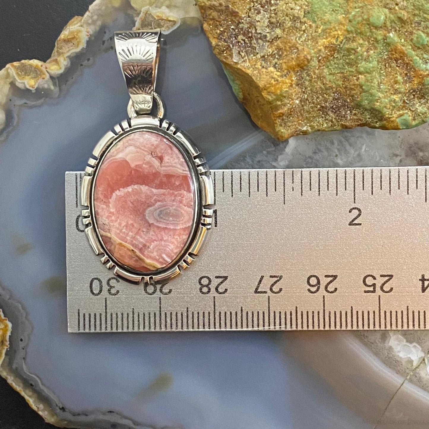 Native American Sterling Silver Oval Rhodochrosite Pendant For Women