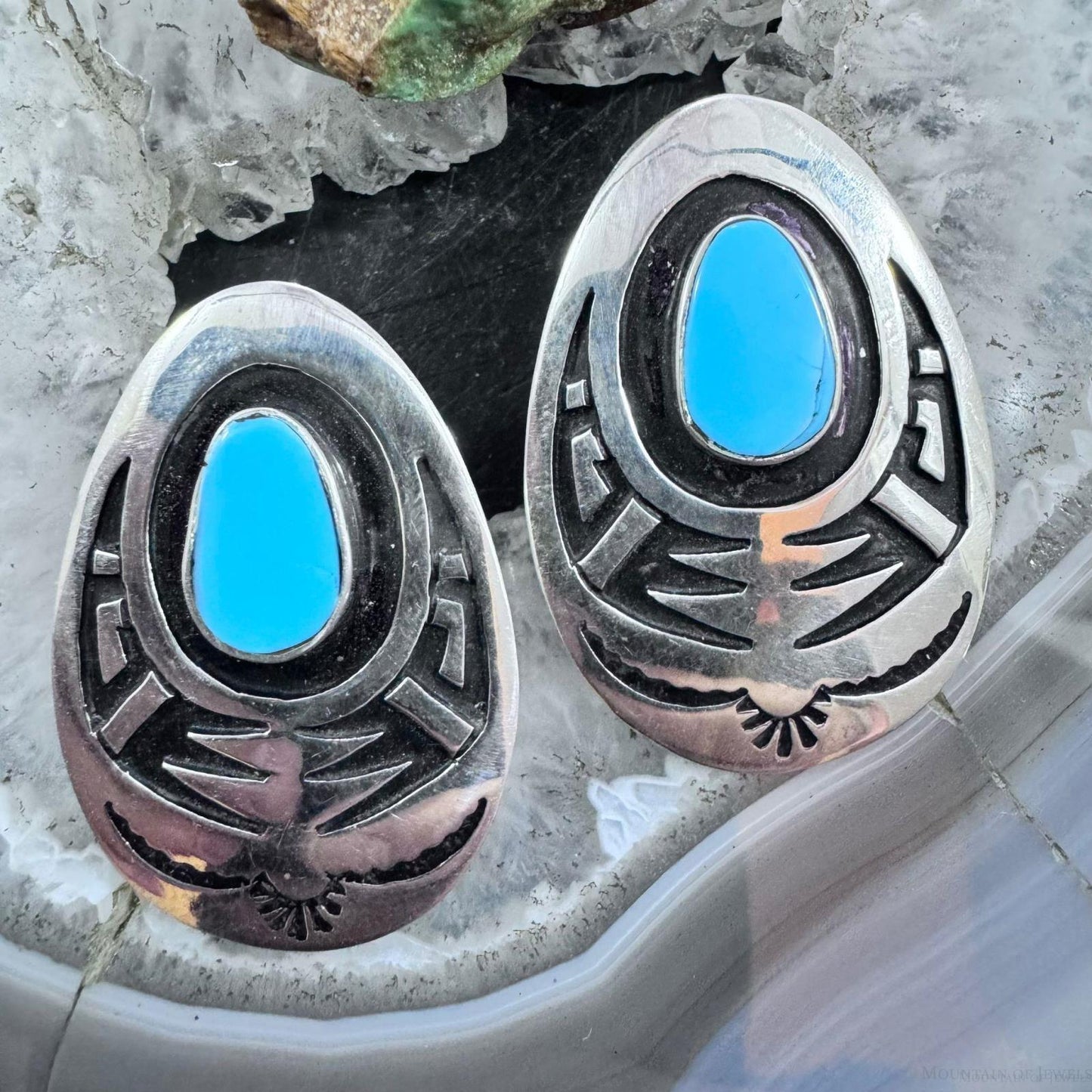 Abraham Begay Native American Sterling Silver Turquoise Overlay Post Earrings For Women