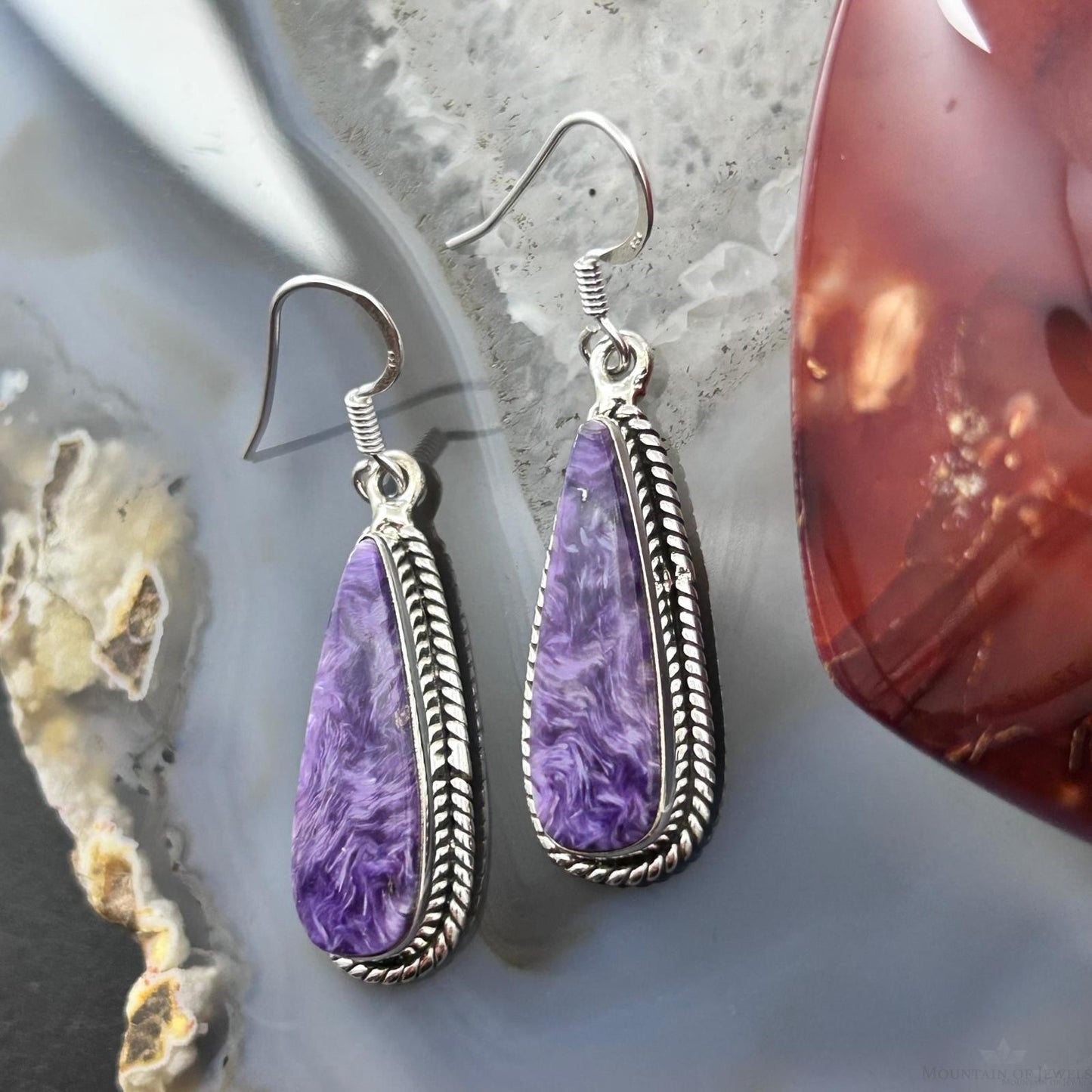 Sterling Silver Southwestern Style Teardrop Charoite Dangle Earrings For Women