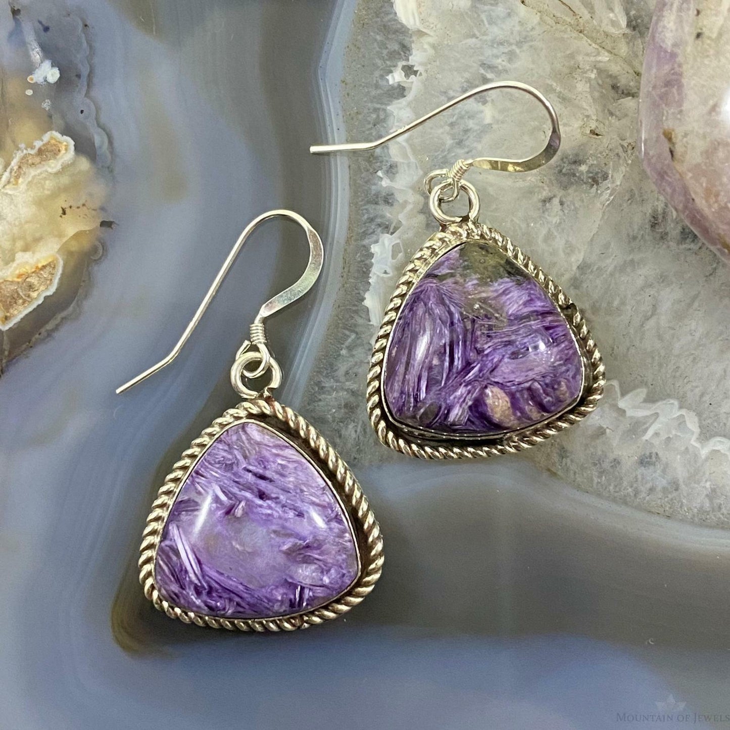 Native American Sterling Silver Triangle Charoite Dangle Earrings For Women