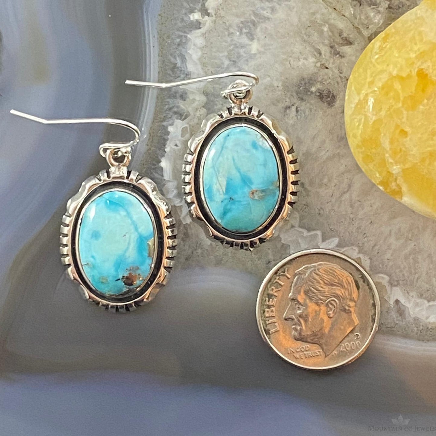 Native American Sterling Silver Blue Ridge Turquoise Decorated Dangle Earrings For Women