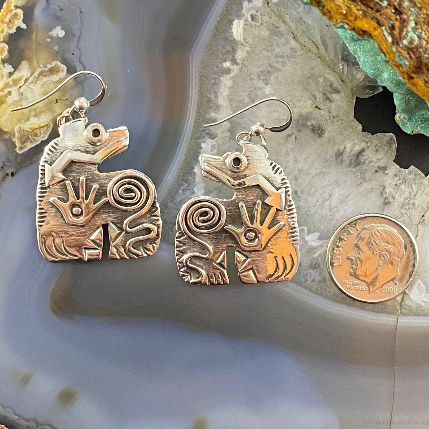 Brad Panteah Sterling Spirit Bear w/Petroglyph Symbols Dangle Earrings For Women