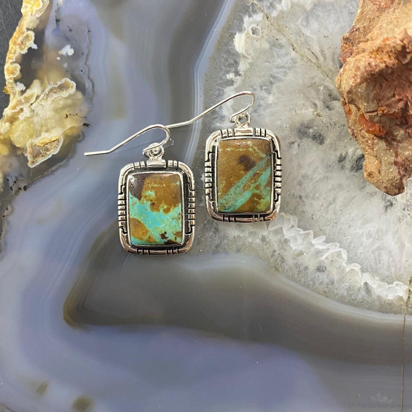 Native American Sterling Silver Boulder Ribbon Turquoise Bar Dangle Earrings For Women