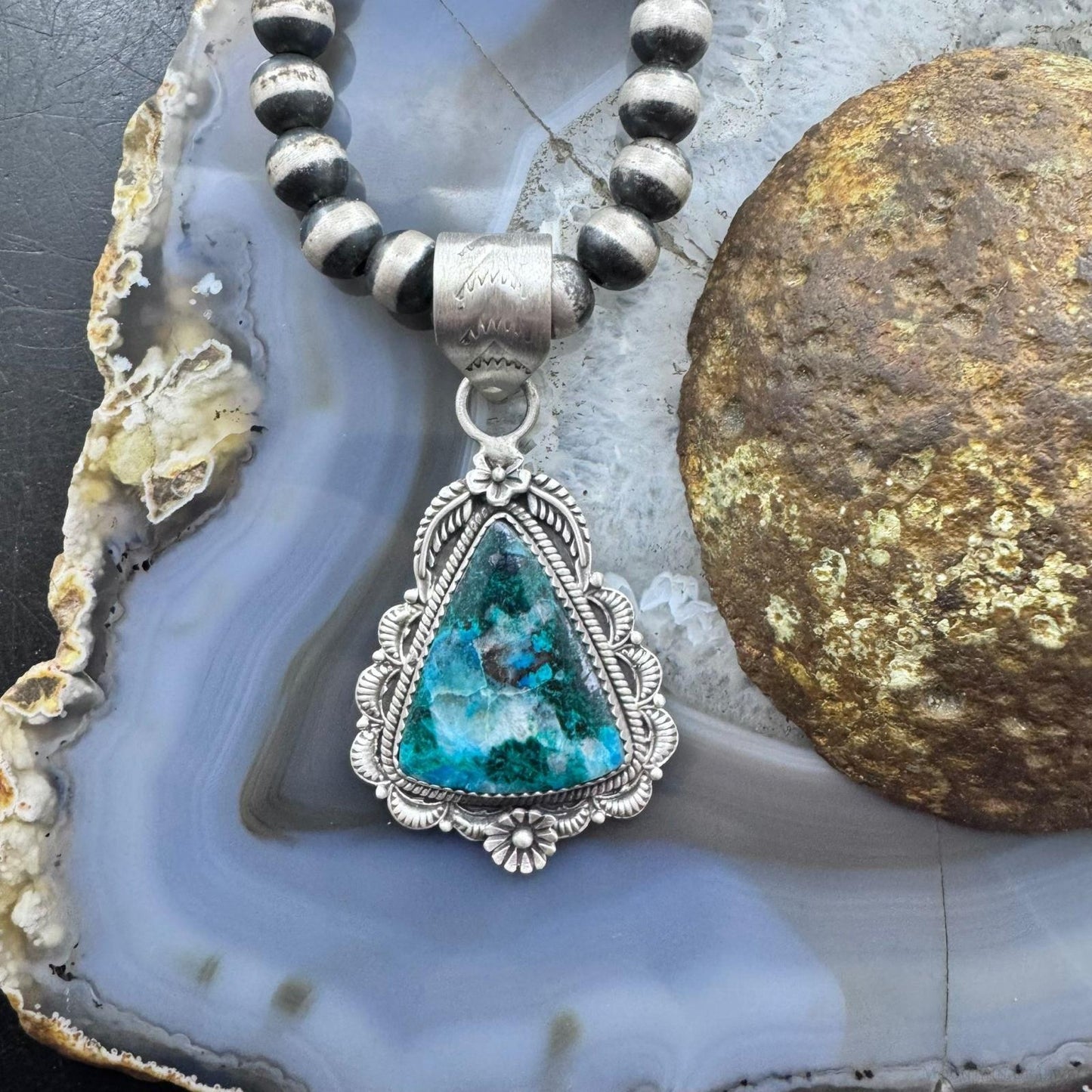 Sterling Silver Southwestern Style Triangular Shattuckite Decorated Pendant For Women