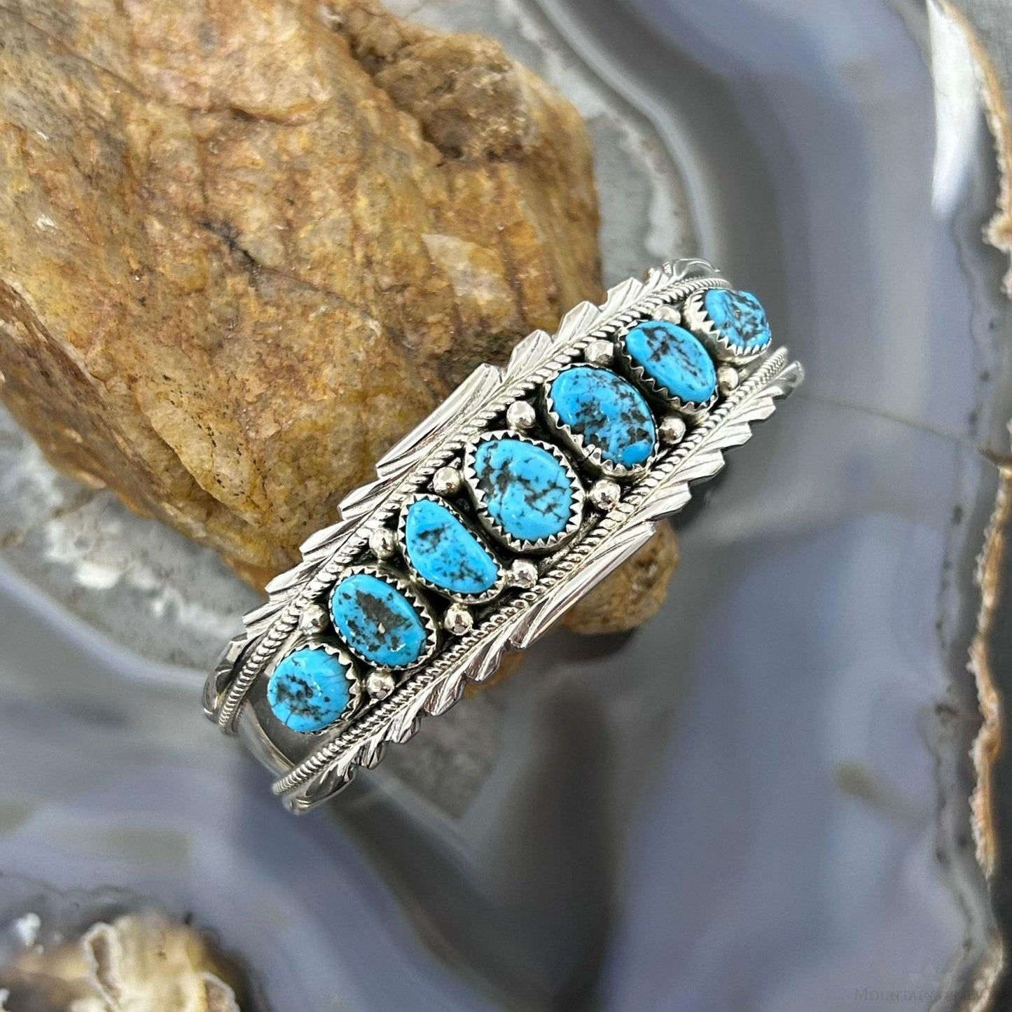 Anita Whitegoat Native American Sterling Silver Turquoise Row Bracelet For Women