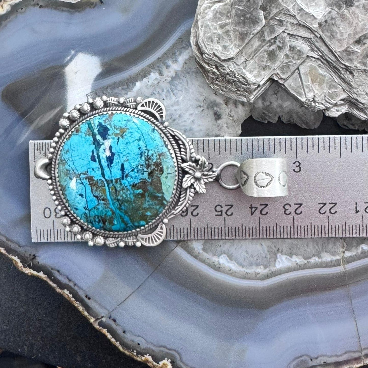 Sterling Silver Southwestern Style Large Round Chrysocolla Decorated Pendant For Women